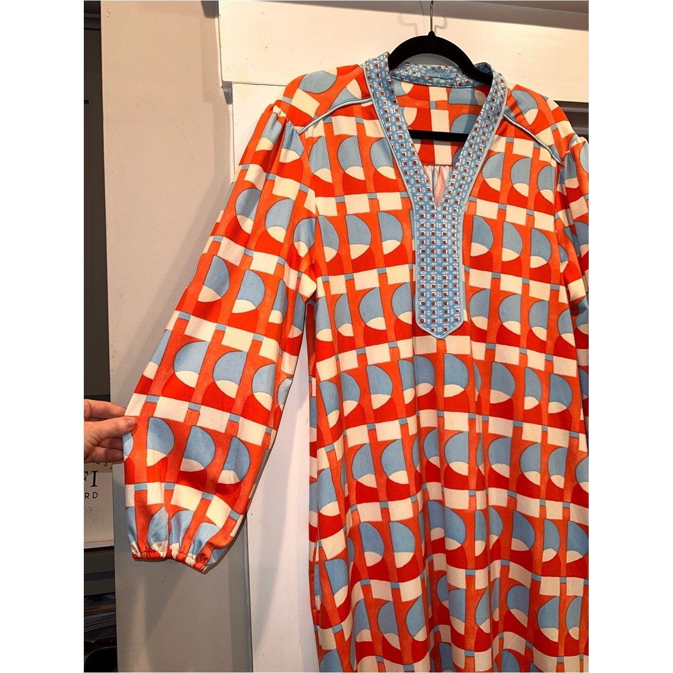 J. McLaughlin Size Large Retro Geometric MIDI Dress in Coral & Light Blue