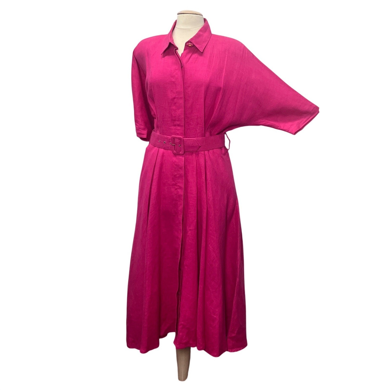 Carole Little Vintage Fuchsia Pink 100% Linen Belt Midi Shirt Dress 8 Circle 90s
