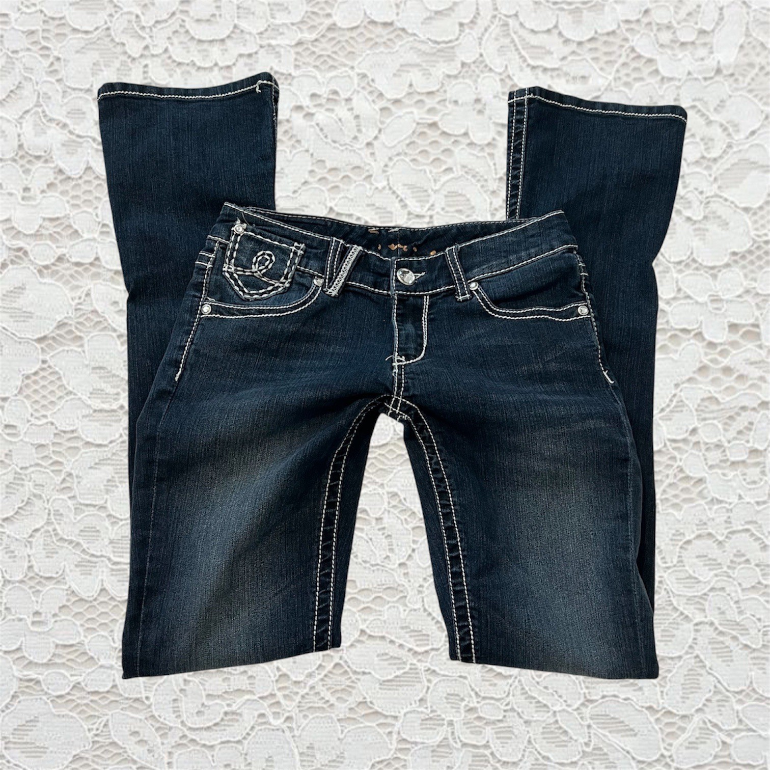 vintage low rise contrast stitch dark wash bootcut jeans