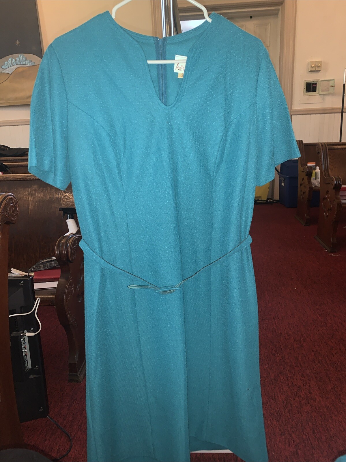 VTG 70s 80s Secretary Green Dress Suit Set W/ Jacket & Belt M/L Leslie Pomer