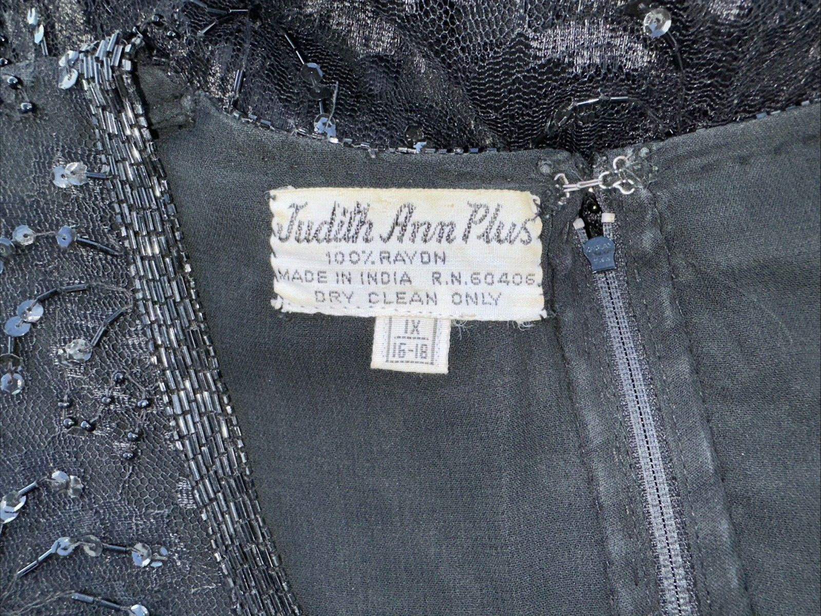 VTG JUDITH ANN CREATIONS BLACK SILK HEAVELY BEADED ASYMMETRIC HEM DRESS Sz XL