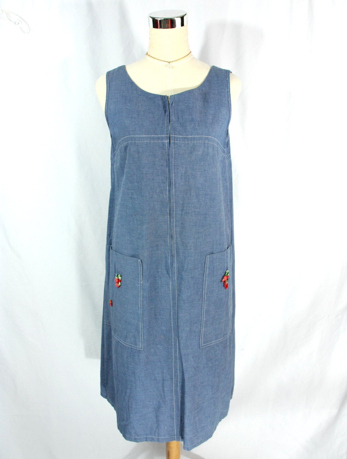 Vintage Godfried Sleeveless Zip Front Denim Twill Dress Strawberries M L 1960s