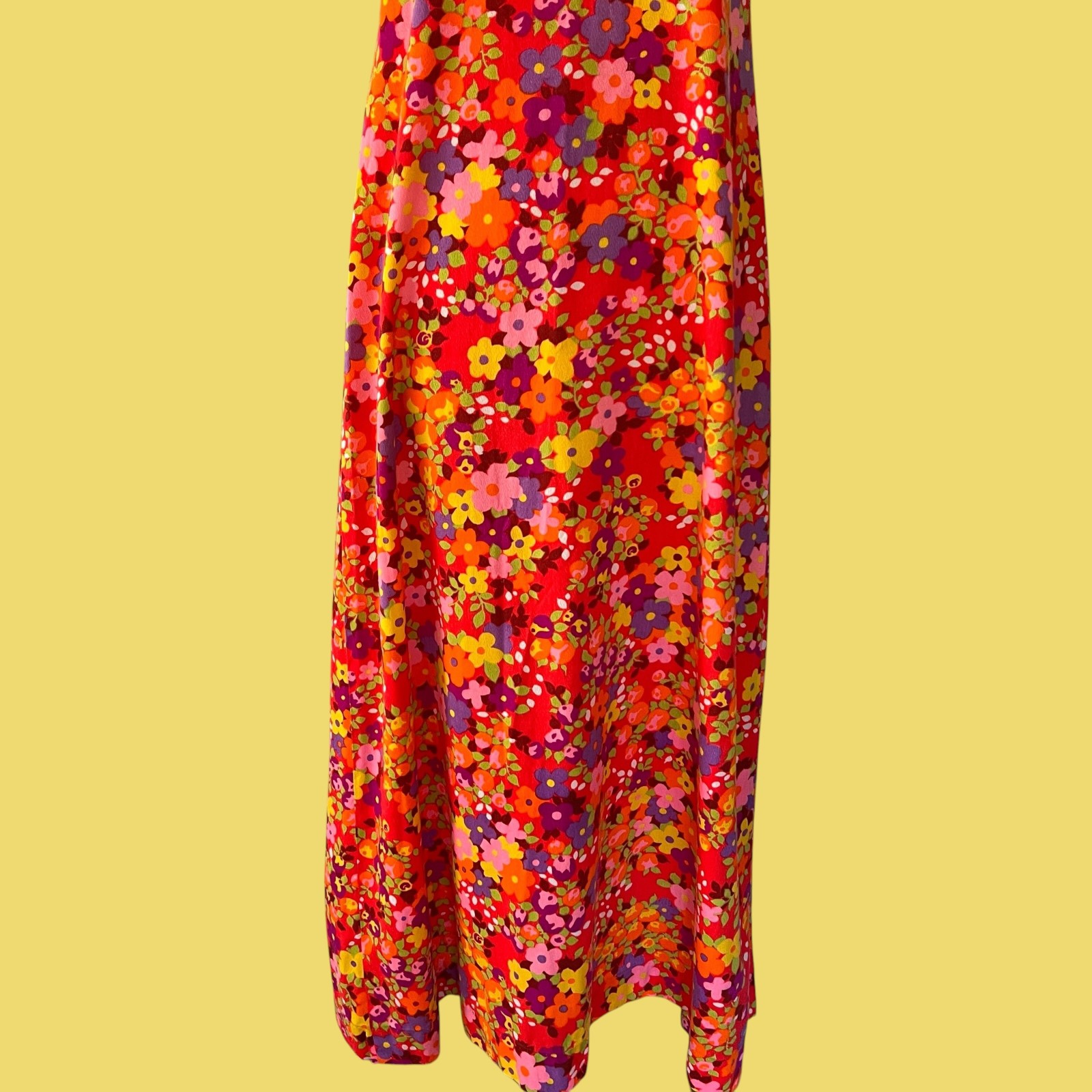 Vintage 70s Neon Barkcloth Hawaiian Maxi Dress, XS
