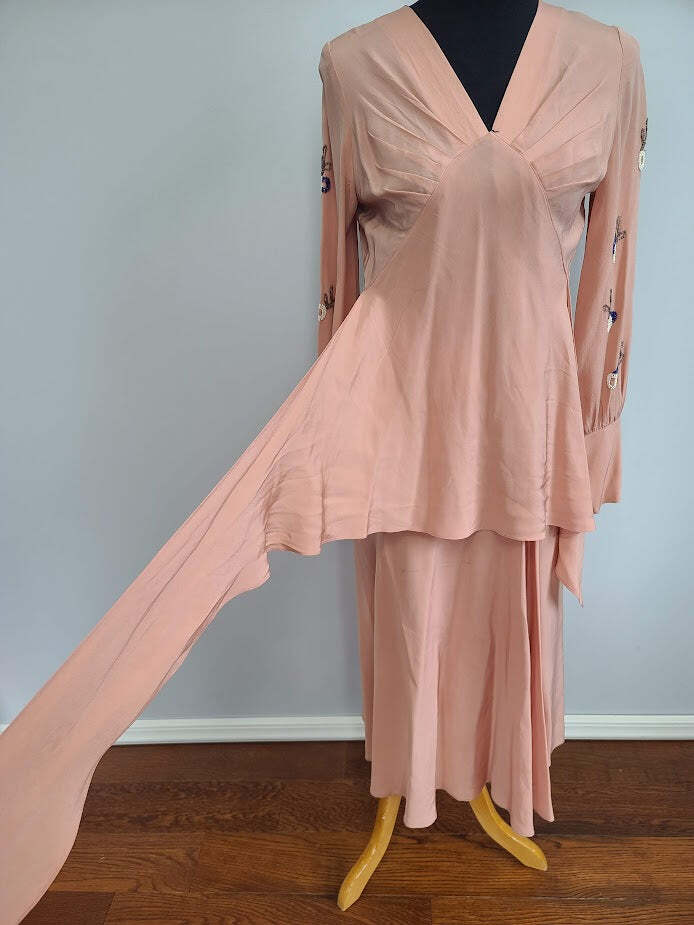 Vintage 1940s Pink Dress Beading on Sleeves Interesting Construction Adjustable