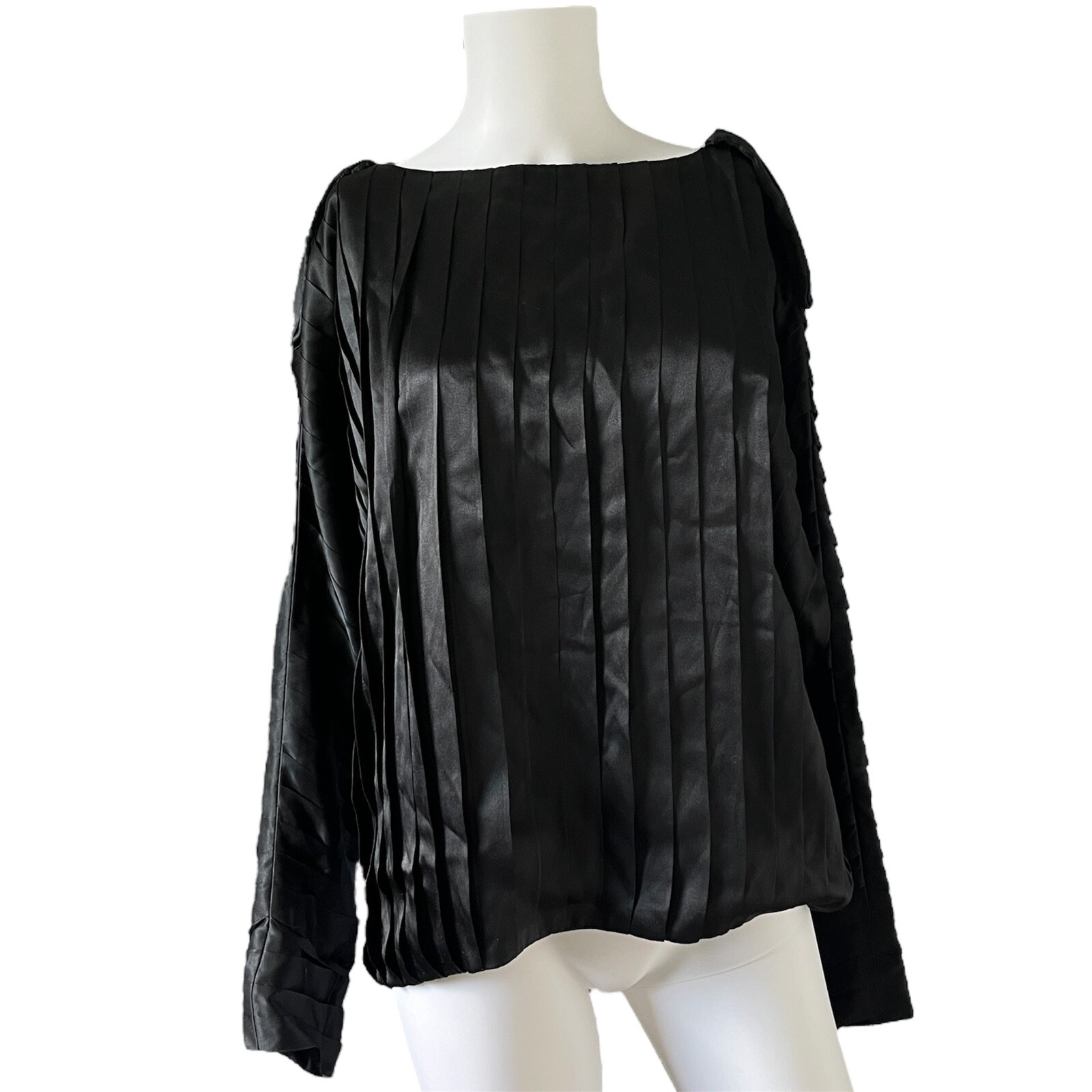 Vintage Black Satin Pleated Blouse Snap Button Shoulder Size 10