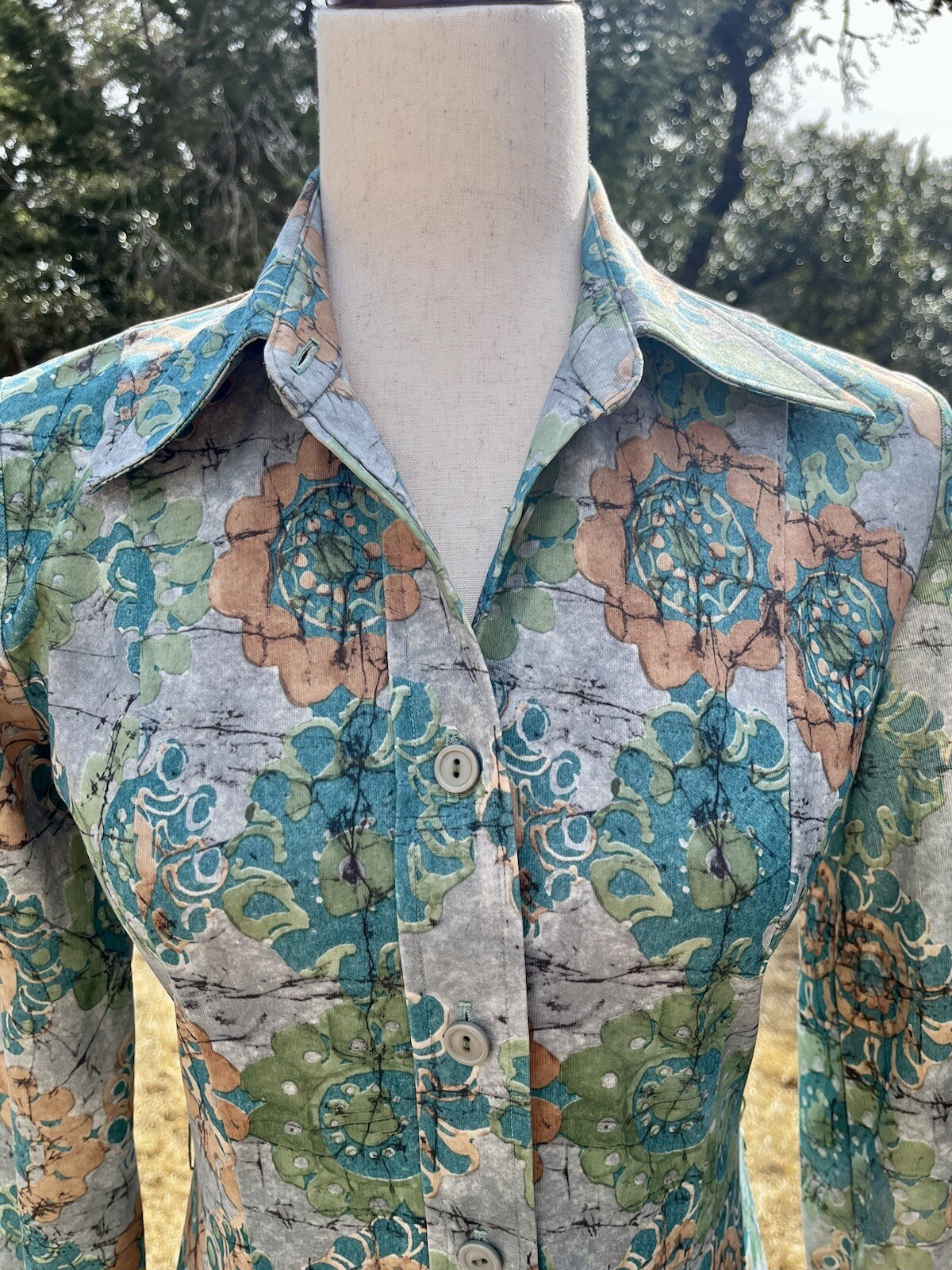 Homemade Paisley Green Long Sleeve Dress 1970s Style Vintage? 30 Waist 35 Bust