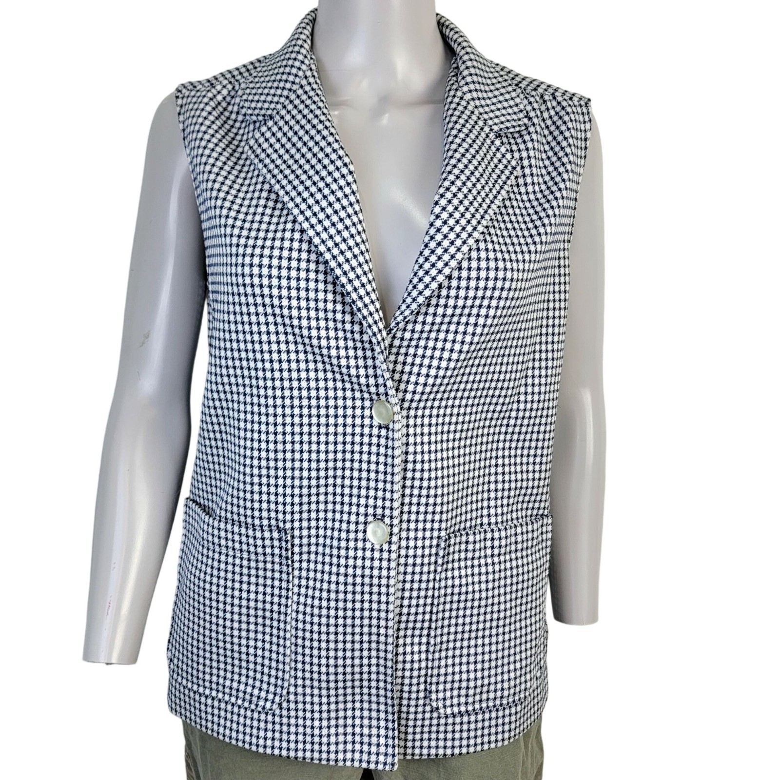 Vintage 70s Vest Jacket Women Medium 8 10 White Blue Top Collar Gingham Retro M