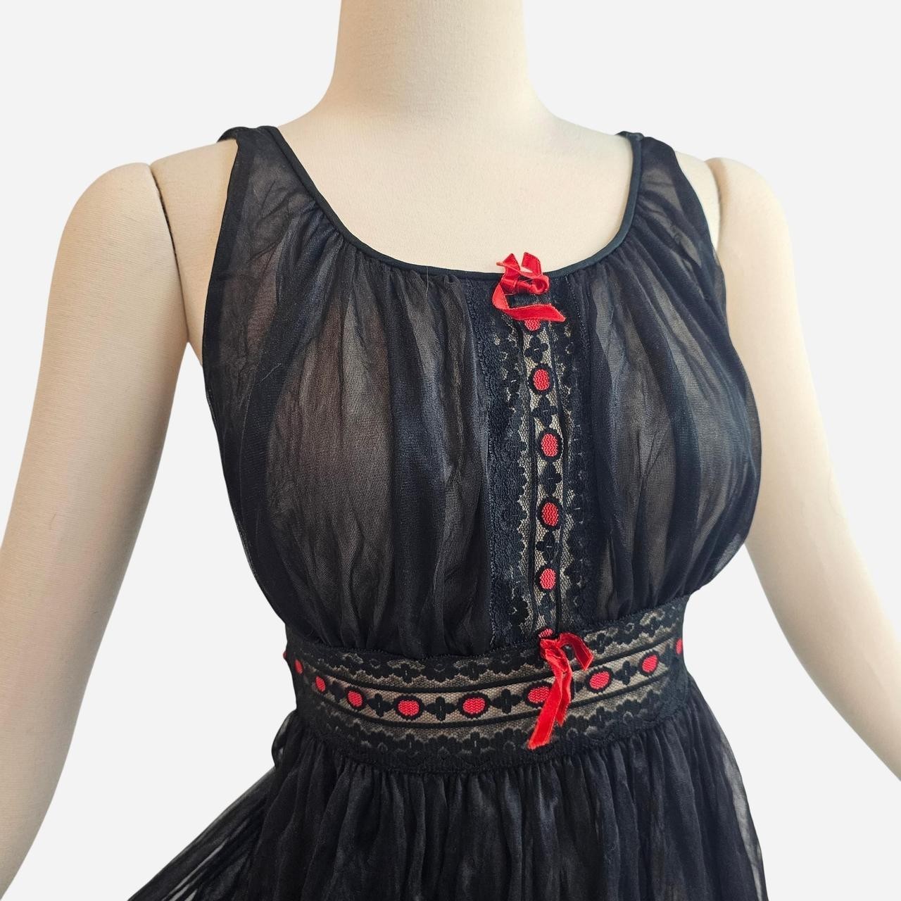 Vintage 1960s Black Lingerie Nightgown Slip Dress Red Lace Chiffon 60s Avian