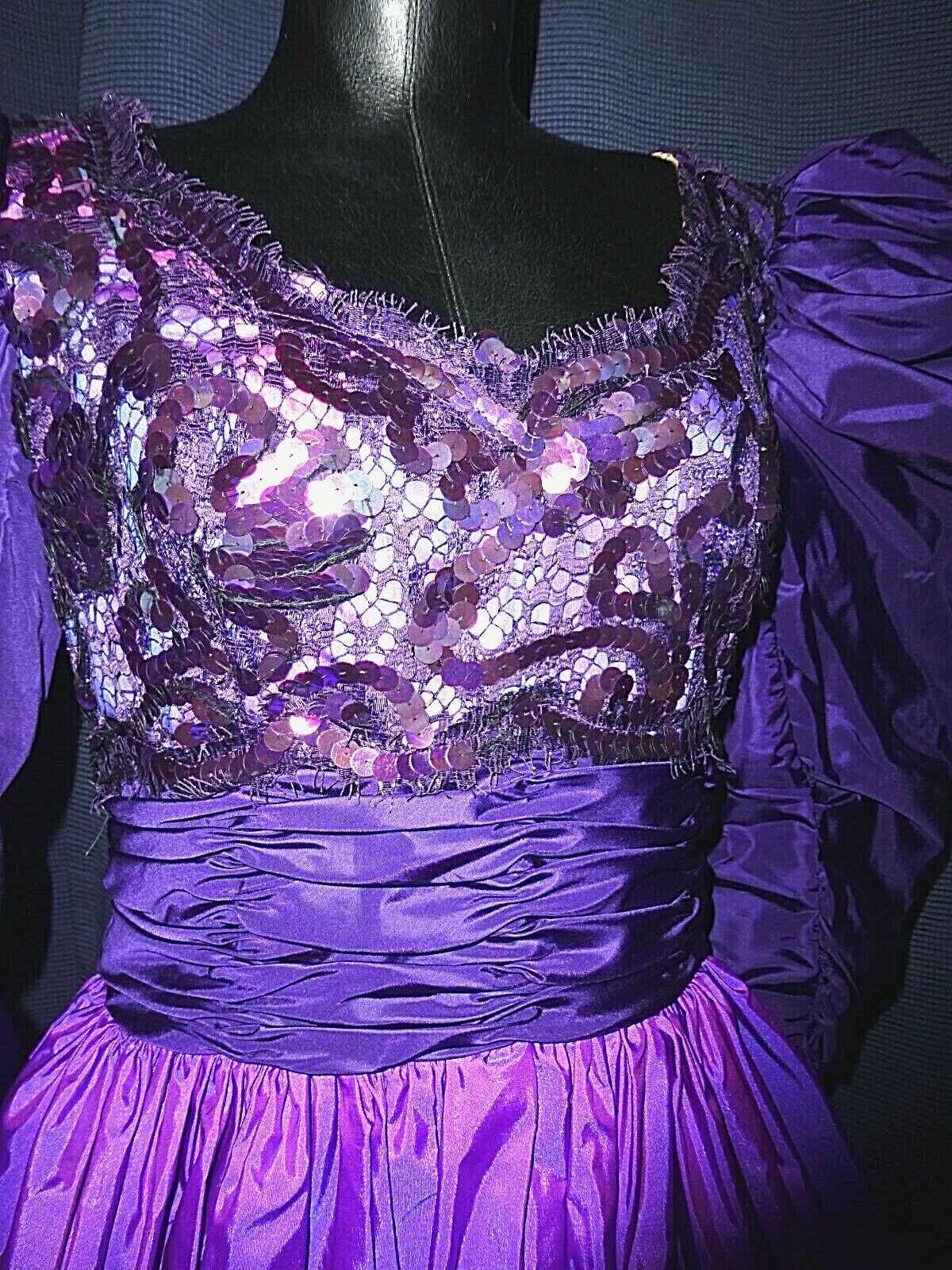 Vtg 80s VICTOR COSTA TAFFETA sequins Lace Evening FORMAL Ball GOWN maxi Dress XL