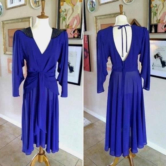 Vintage 1982 Casadei Eletra Royal Blue Beaded Shoulder Open Back Midi Dress