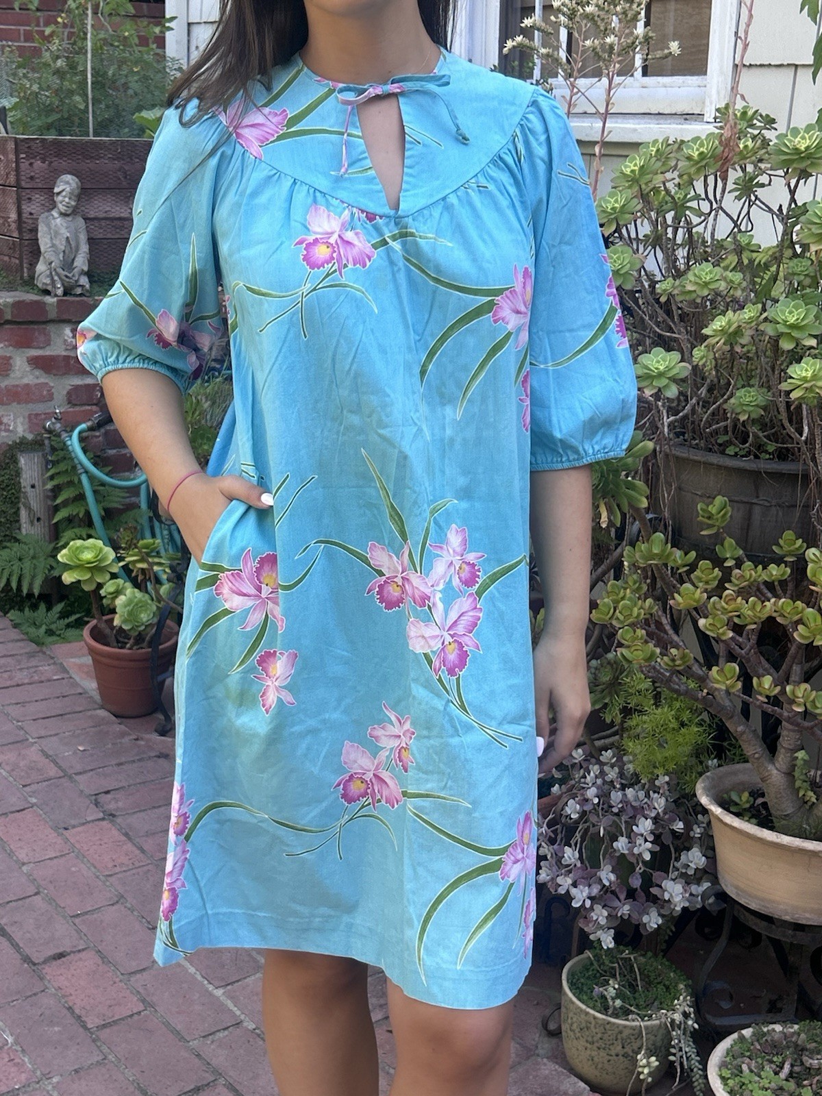 Vintage 70s 80s Nani Honolulu S Mumu Kaftan USA Orchids Turquoise