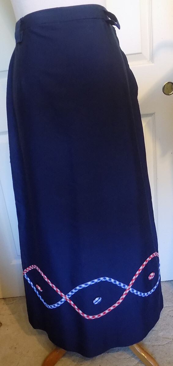 Vintage 70s Navy Blue Long Skirt Prestige Blue & Red Gingham Check Trim W28