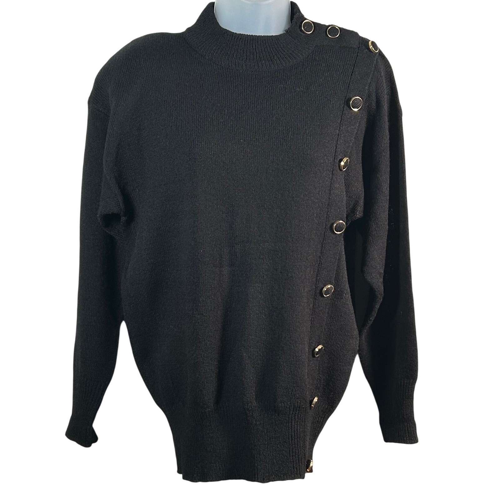 Ann Wi Womens Mock Neck Sweater Asymmetrical Gold Buttons Vintage ’90s Small VTG