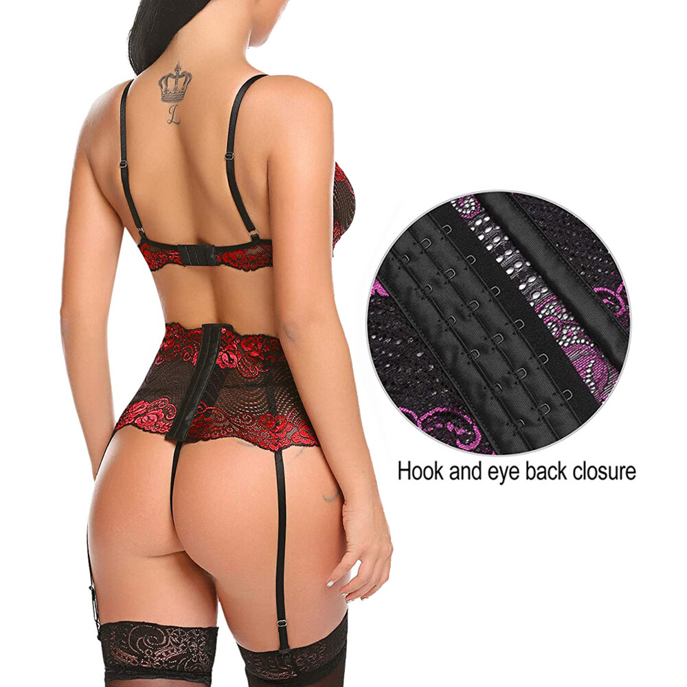 Women’s Lingerie Sets with Garter Belt 3 Piece Lace Teddy Babydoll Sexy Bodysuit