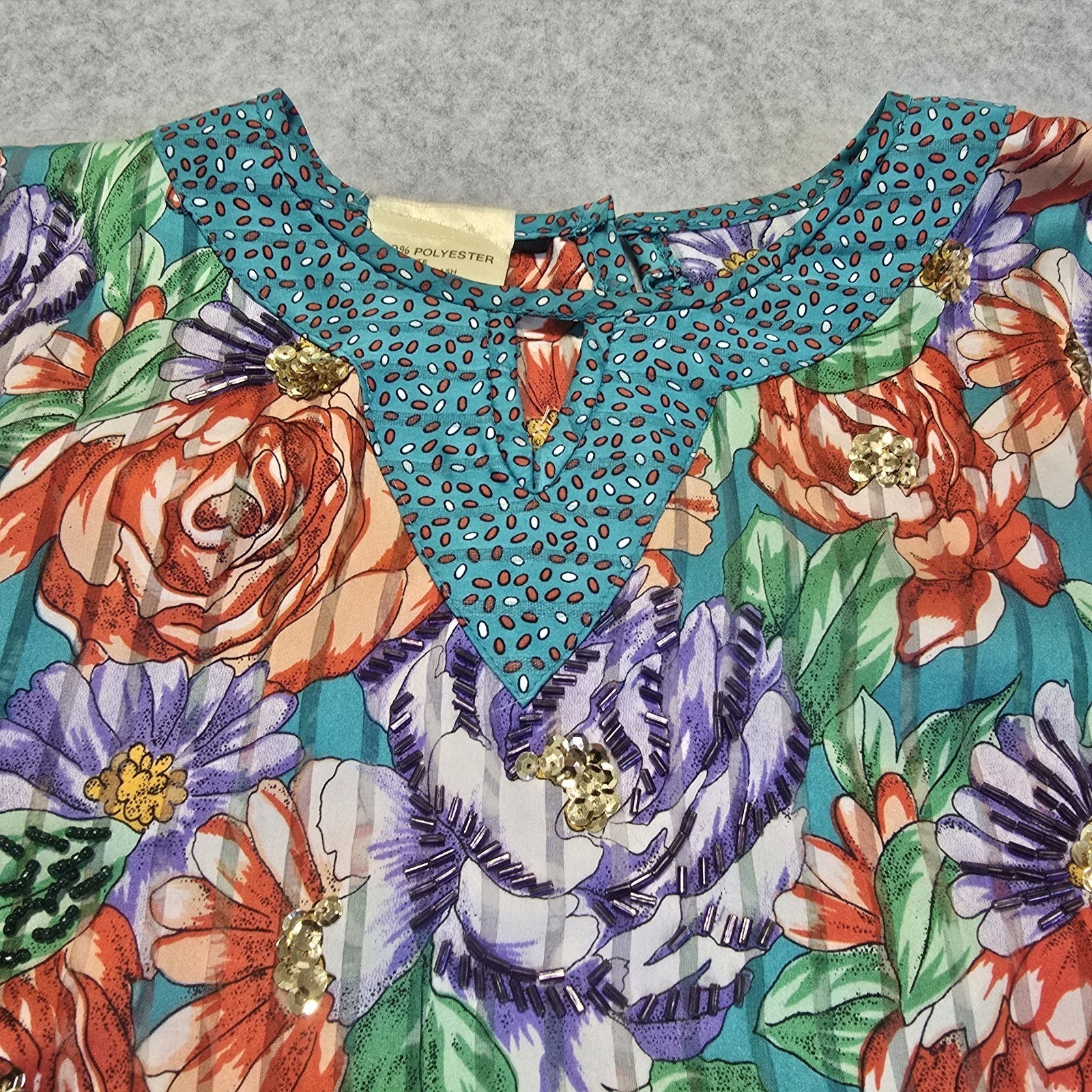 Vintage Floral Sequin Blouse Womens L Multicolor Pleated 80s Balloon Sleeve