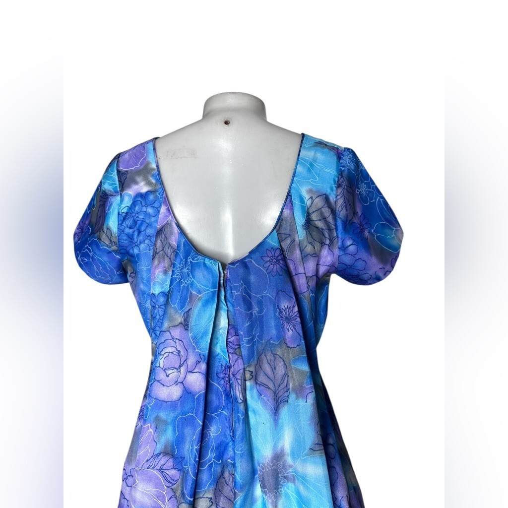 VTG 70s Sun Fashions of Hawaii Floral Muumuu Dress Blue Purple Maxi Aloha Gown