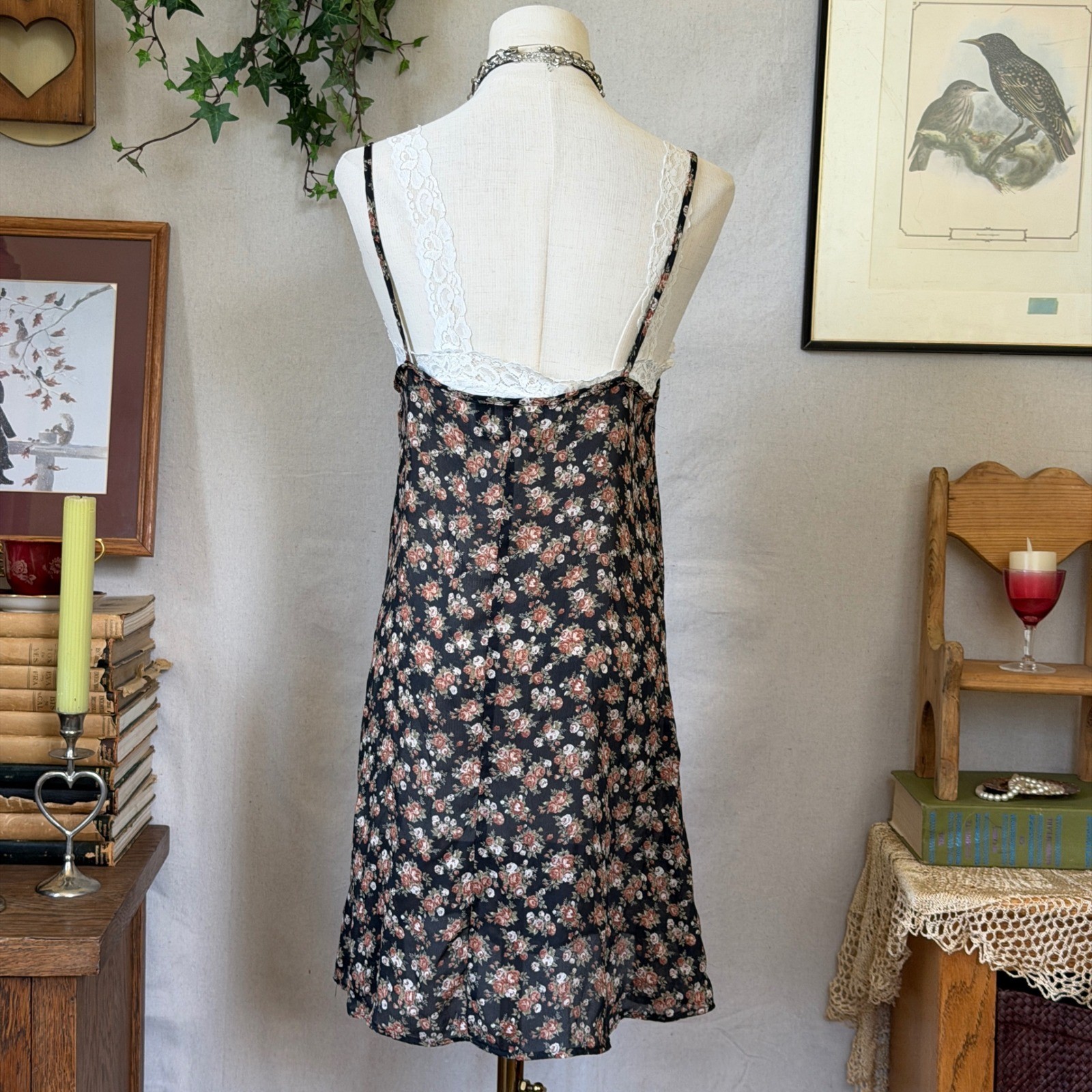 Girly Grunge Black Floral Print Slip Dress Indie Sleaze 90s Vintage Medium Sheer