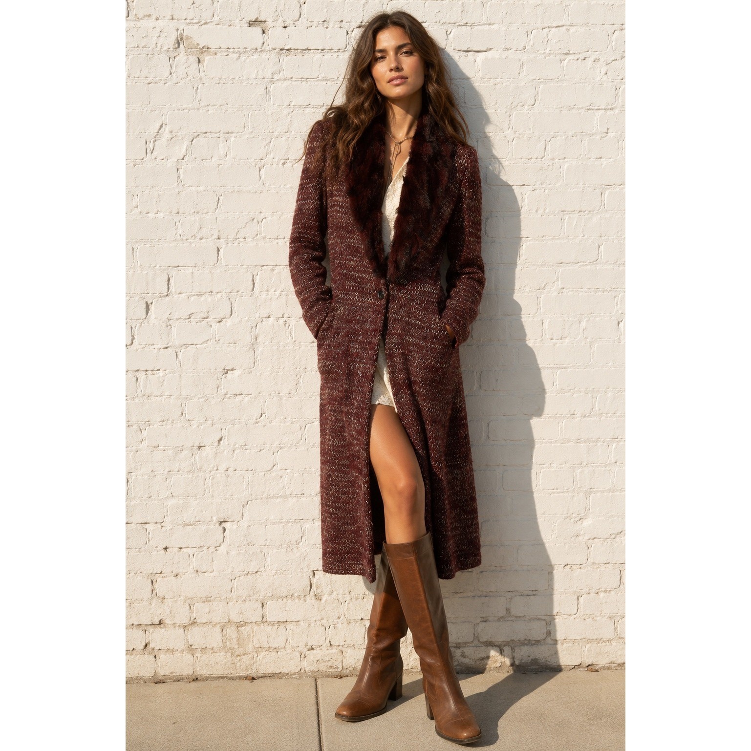 Rare 90s Sui by Anna Sui Italy Faux Fur Collar Long Tweed Coat Whimsigoth IT 44