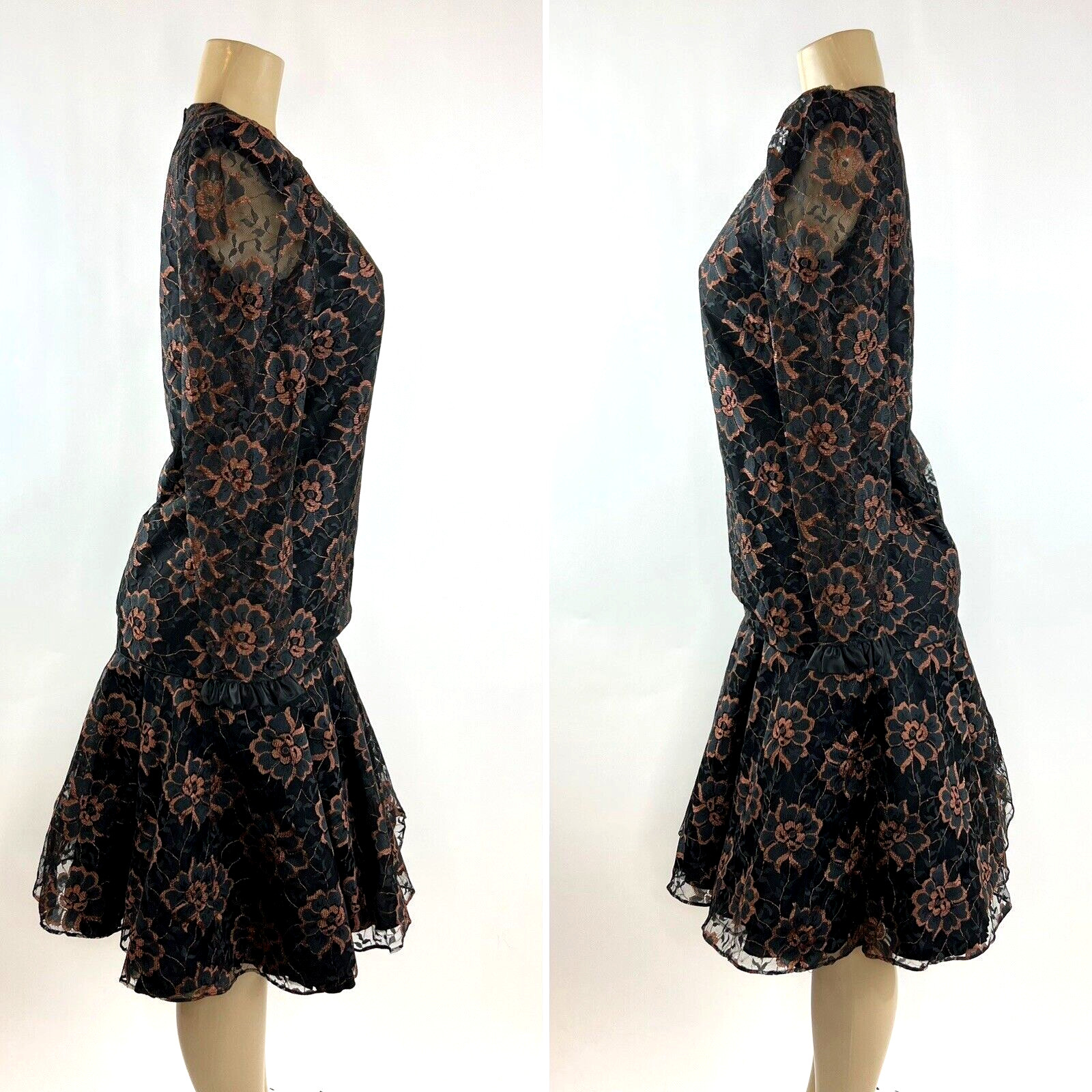 1980s Cocktail Dress Vintage Size 8 Black Lace Mermaid Glam Prom Drop Waist 80s