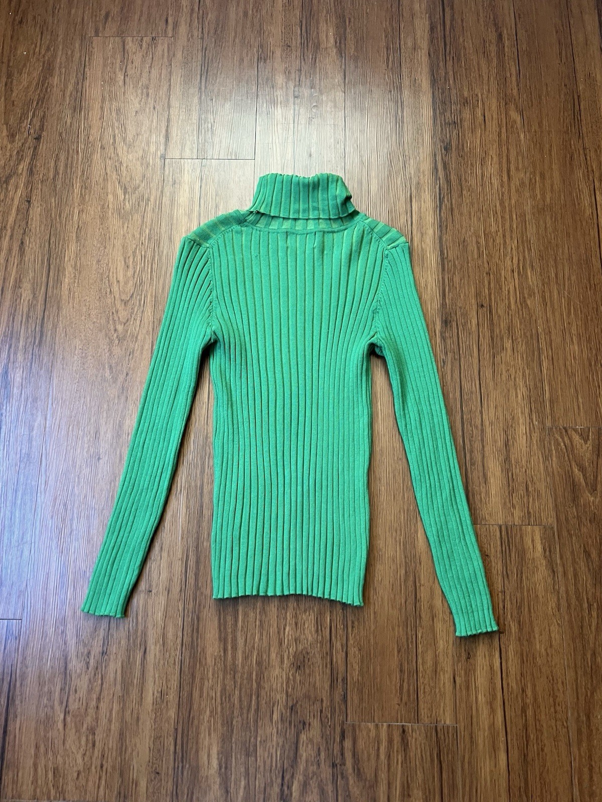 Vintage Y2K Ribbed Knit Top XL Green Turtleneck Chunky Cyber Grunge Office 90s