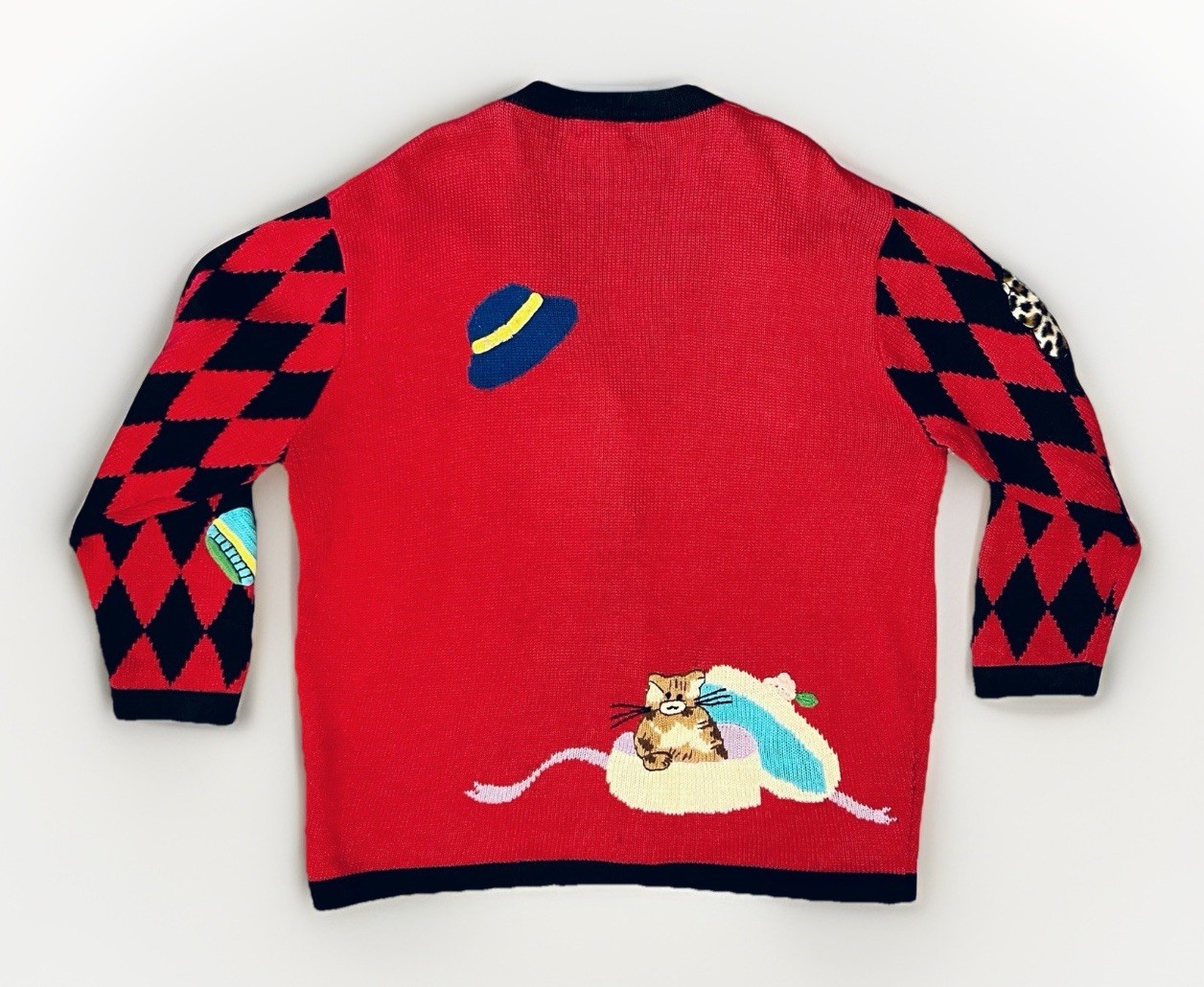 Vintage BEREK Cardigan Sweater XL Red Black Multi Hats Gloves Cat Kitty 80s/90s