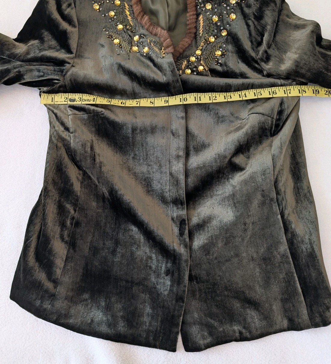Worth Beaded Velvet Top Women’s 8 Green Faux Fur Neckline 18% Silk Long Sleeve