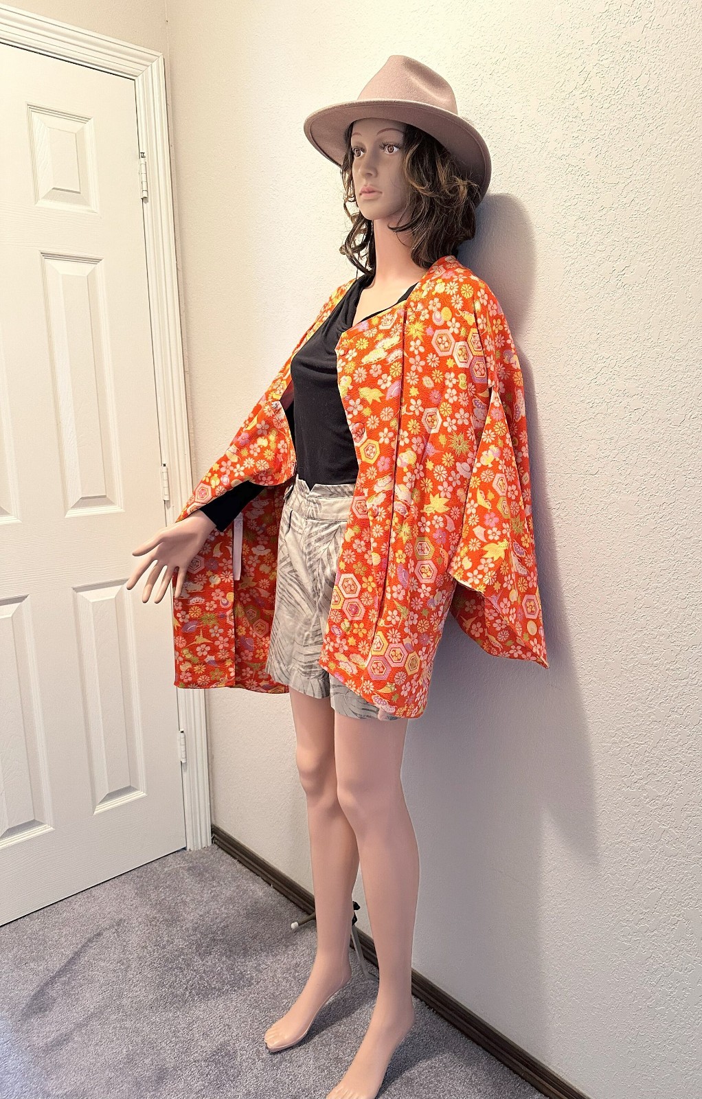 Silk Kimono-Cardigan, VINTAGE Kimono coat orange pure silk lRetro Taisho Roman