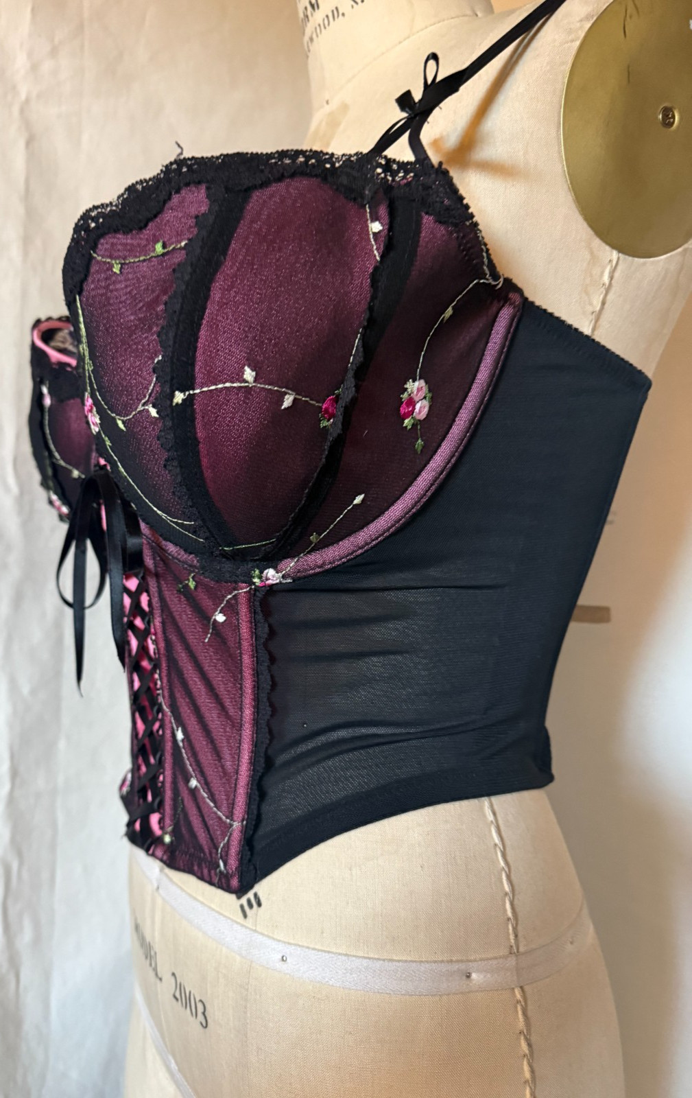 LACE FRONT CORSET BUSTIER „ENCHANTED” SHEER BLACK NYLON w EMBROIDERED CUPS 42DD