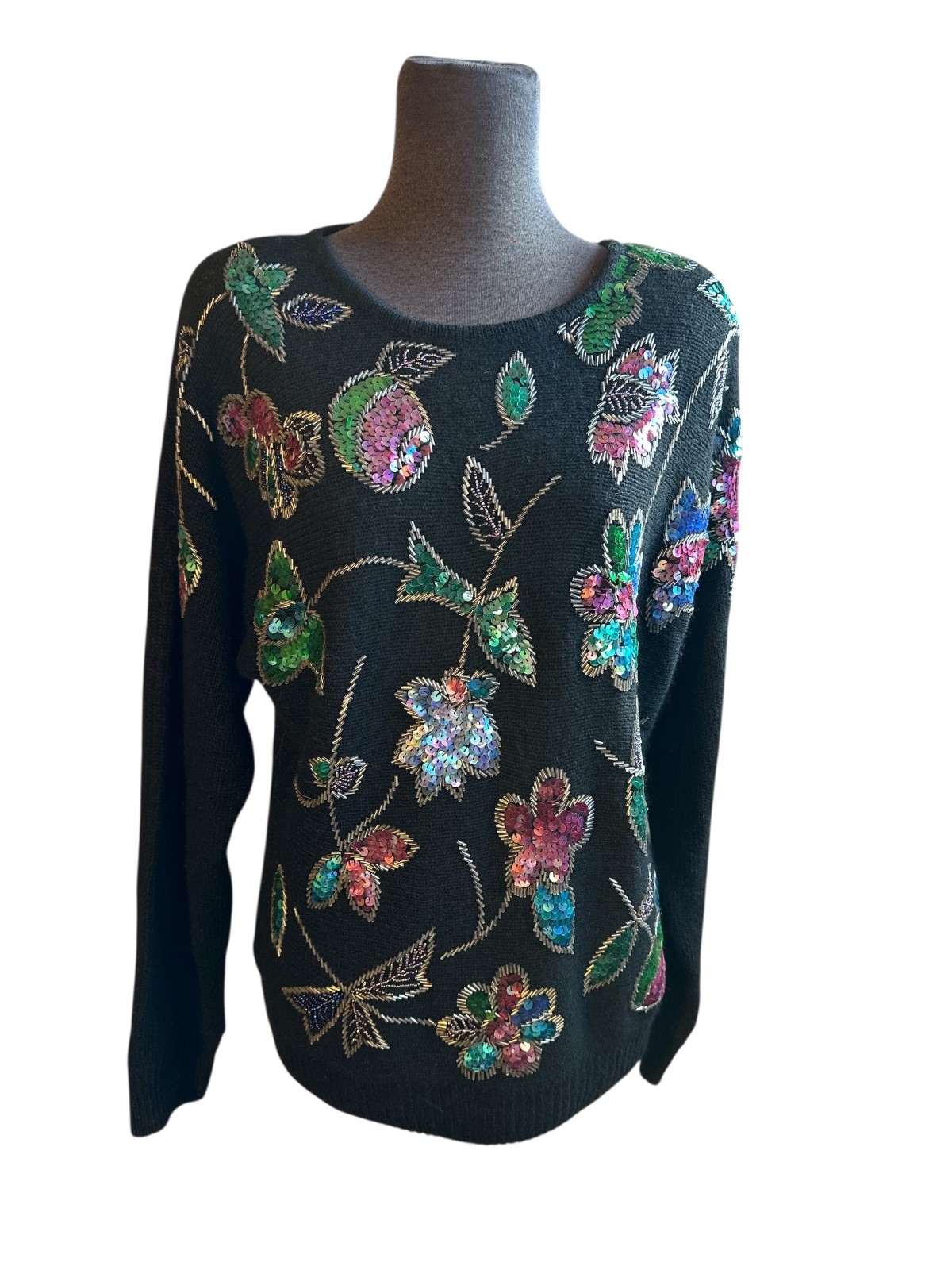 90s Vintage Gladys Bagley Womens Small Floral Sequin Beaded Holiday Knit Sweater