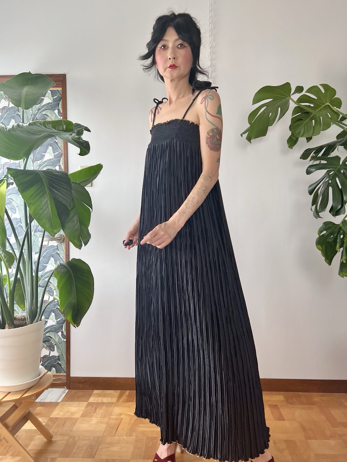 1980s Jeanne Marc Black Permanent Pleated Maxi Dress Spaghetti Strap M