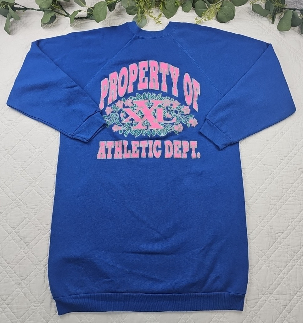 VTG Tultex Long Crewneck Dress Blue and Pink Sweatshirt Size L/XL USA Made
