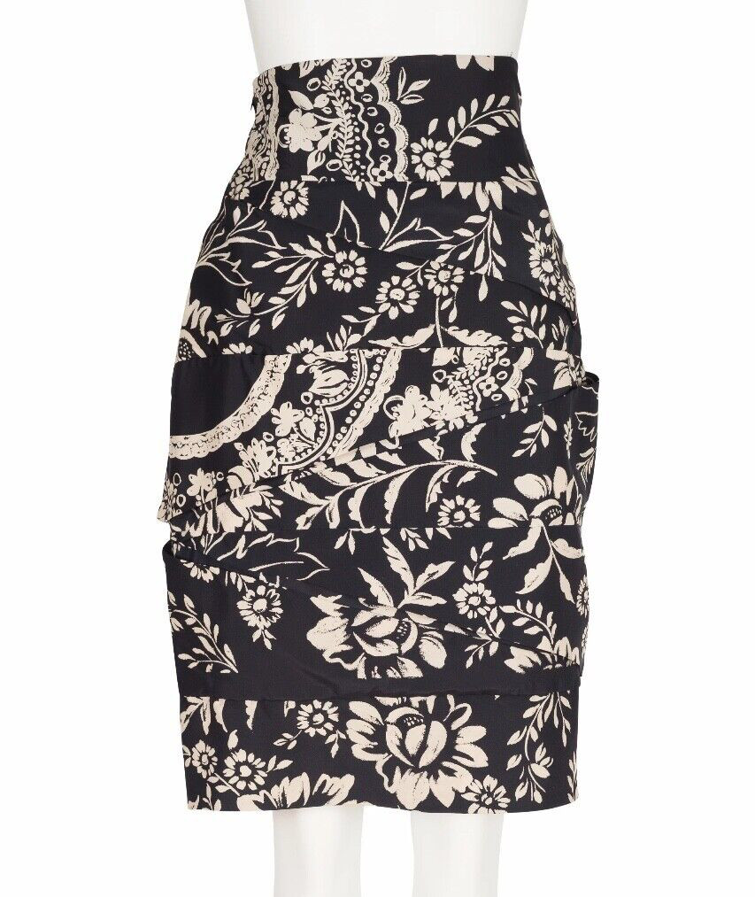 Gianni Versace Couture 1989 S/S Vintage Floral Black Tiered Silk Pencil Skirt