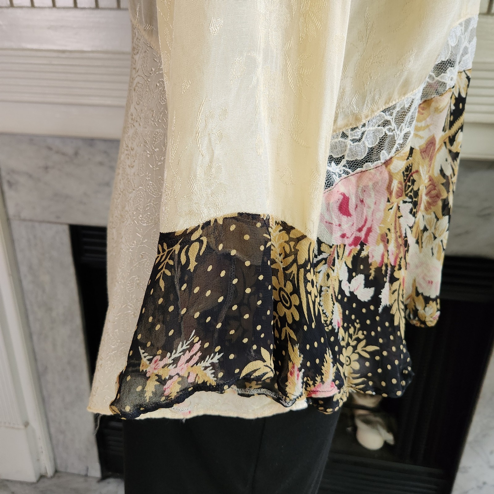 Vtg 80s Beige Patchwork Cardigan Sz 1X Jacket Jacquard Floral Boho Hippy Lace