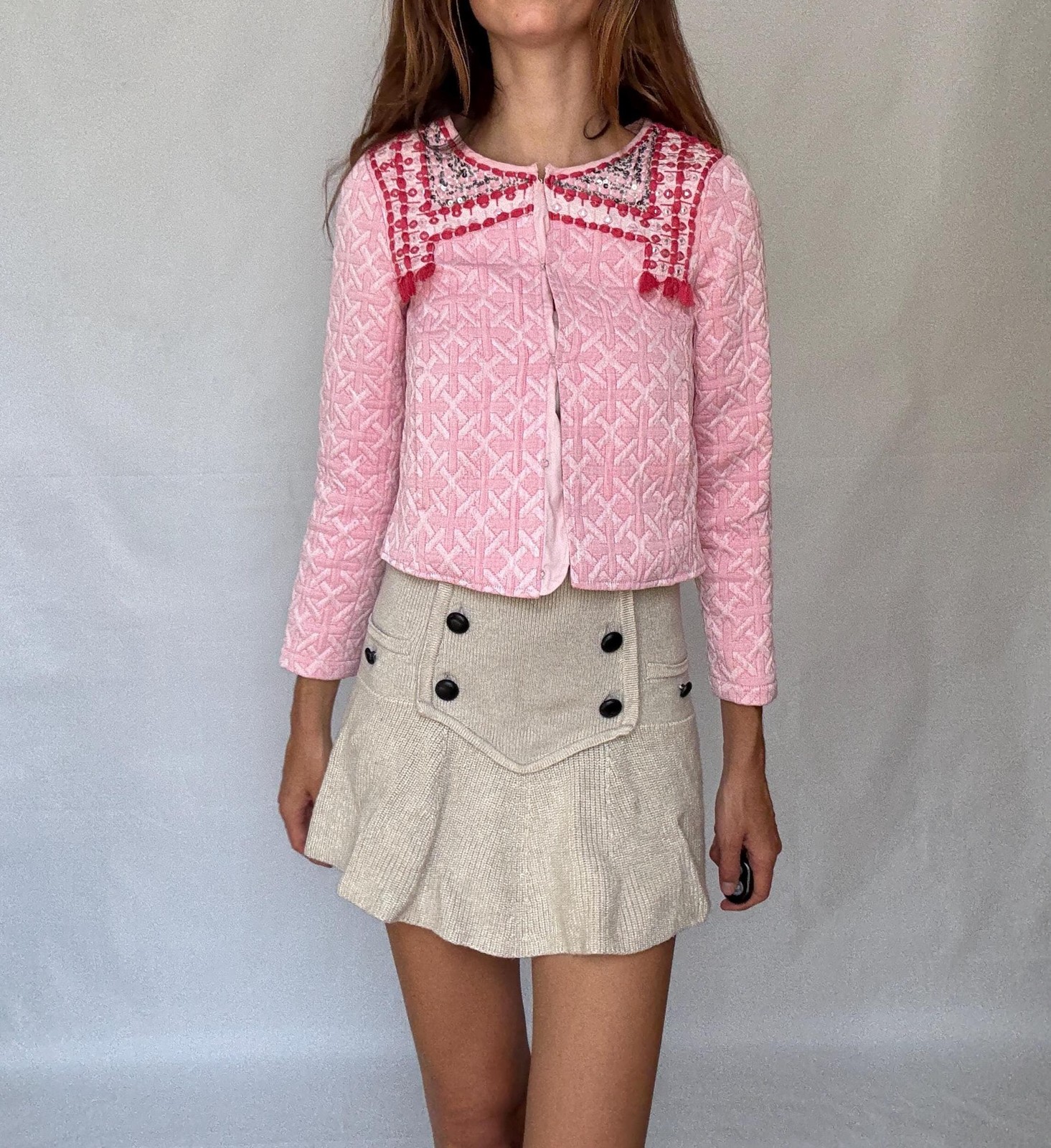 Embellished Jacket with Sequins and Tassels – Barbiecore Cropped Blazer – Textur
