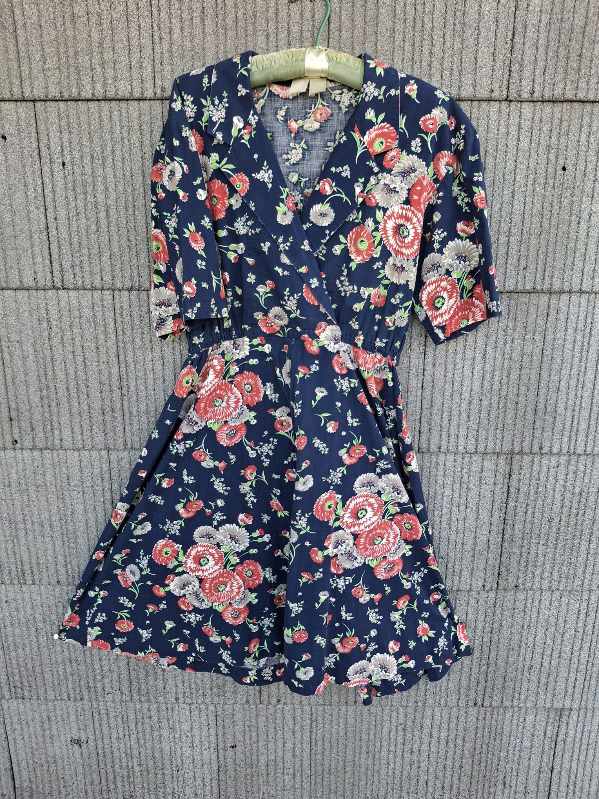 Vintage 1940s Red Blue Gray Floral Print Dress A Line Circle Skirt