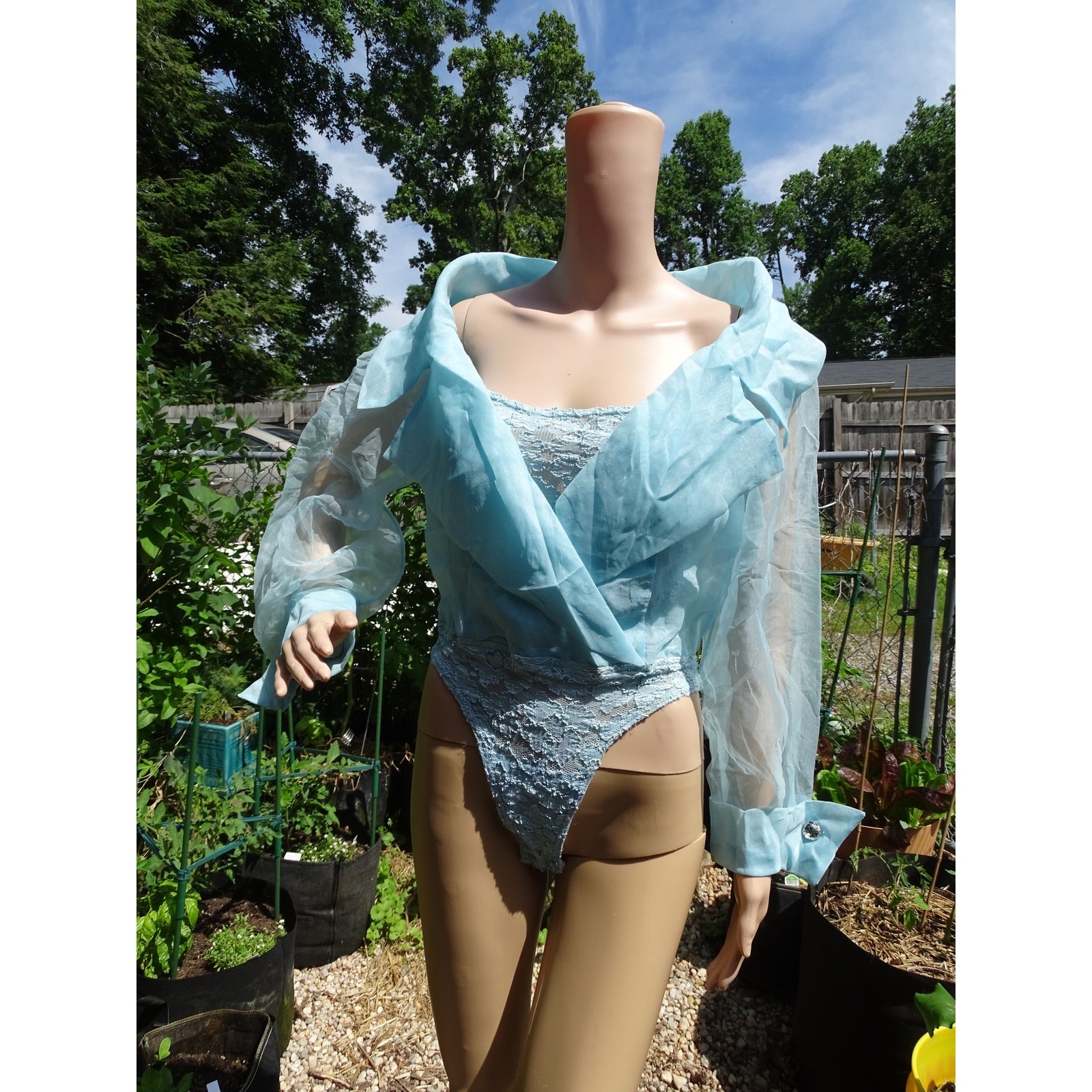 Vintage 80s Tadashi Sheer Overlay Lace Bodysuit Bling Cuff Blue Size 8 Glam