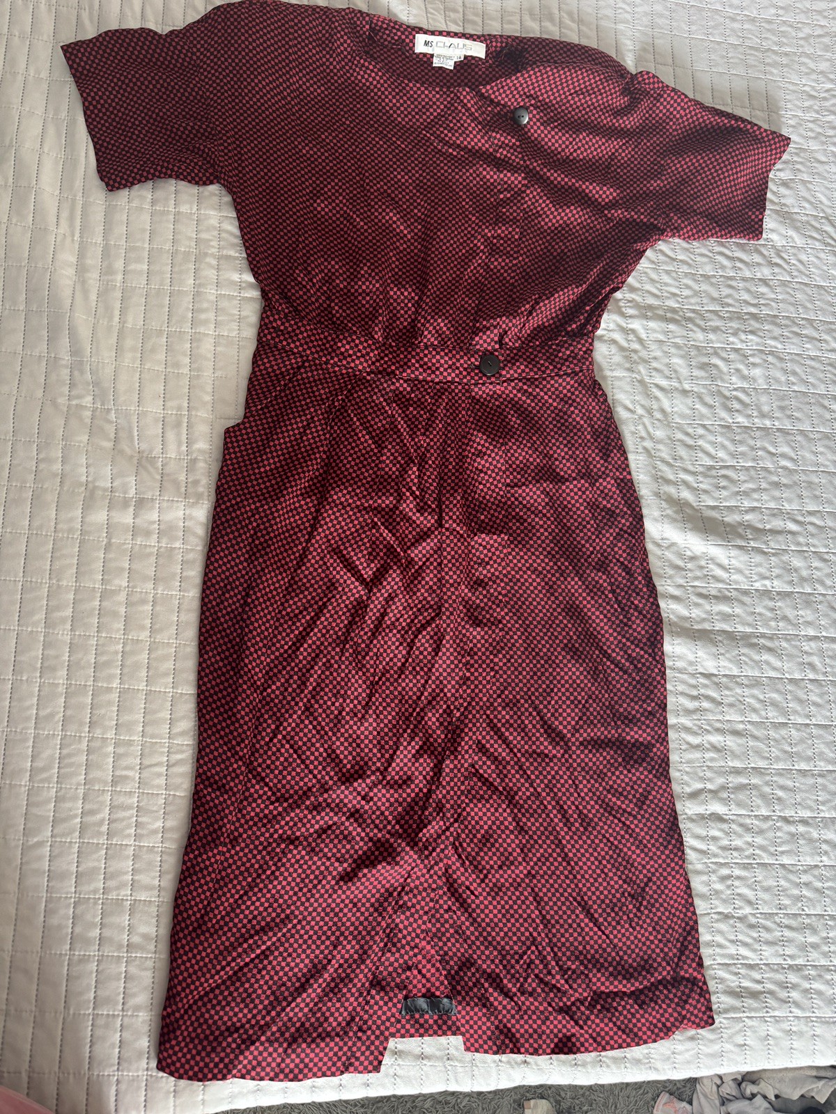 Vintage Ms Chaus Wrap Dress Red Black Check Rayon Midi Pockets Size 14 USA
