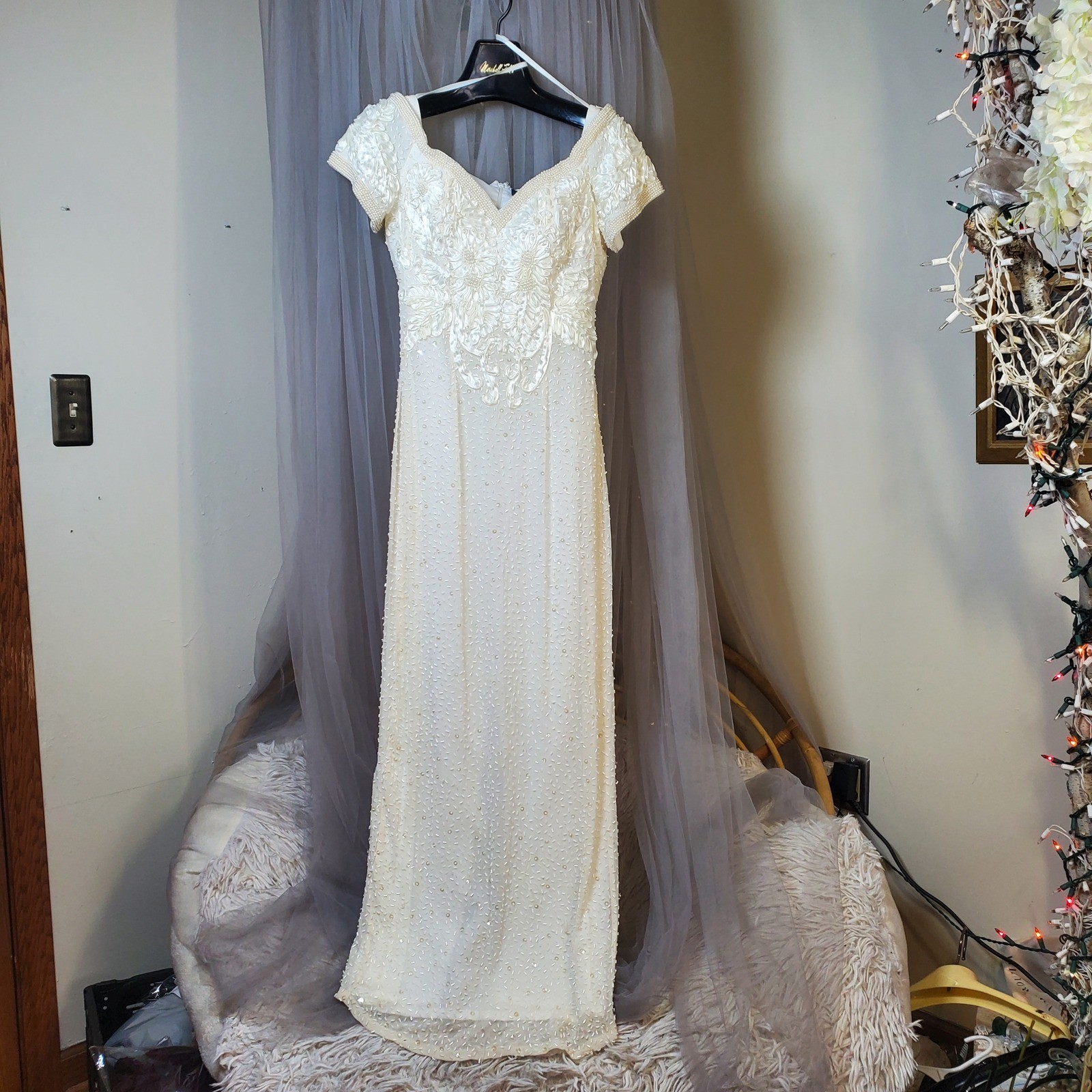 Ted Lapidus Gatsby Silk Ivory Maxi Dress Ethereal Beaded Wedding Size 8 Antique