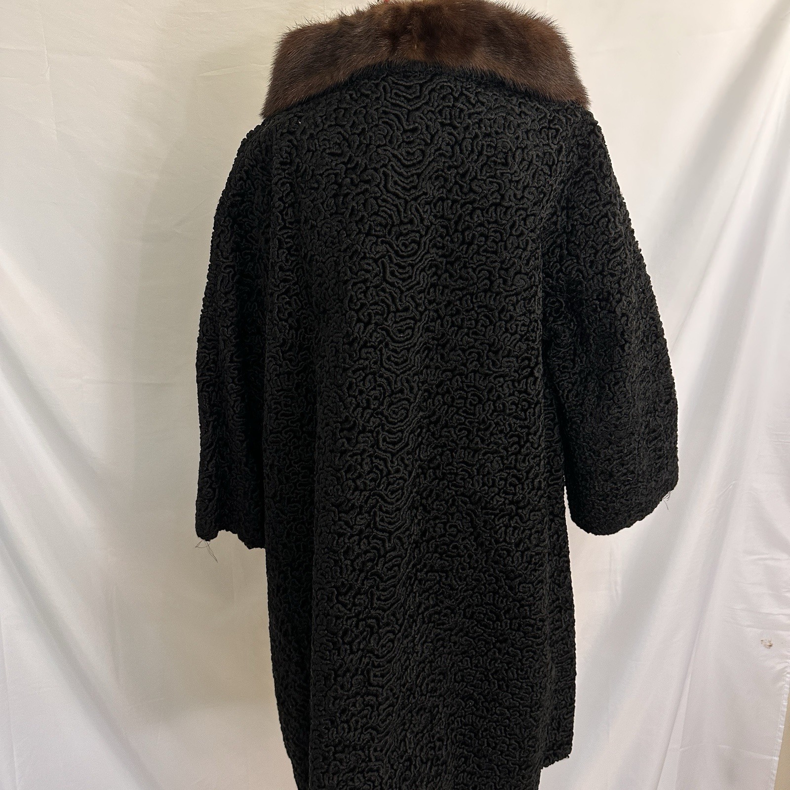 60s VINTAGE Astrakin Black Curly Lamb Coat Mink Collar L/XL Womens