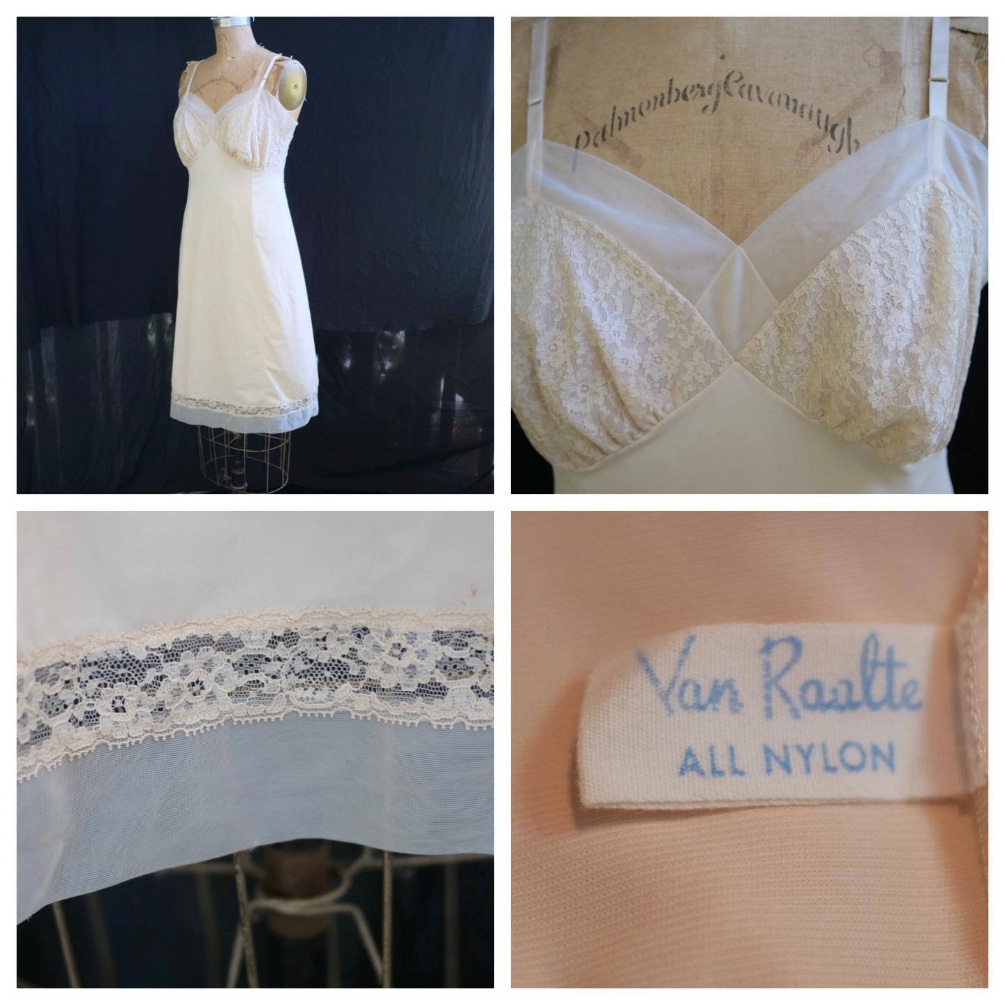 Vintage 50s VAN RAALTE Suavette Nude Ecru Nylon Full Slip LACE Chiffon USA 34