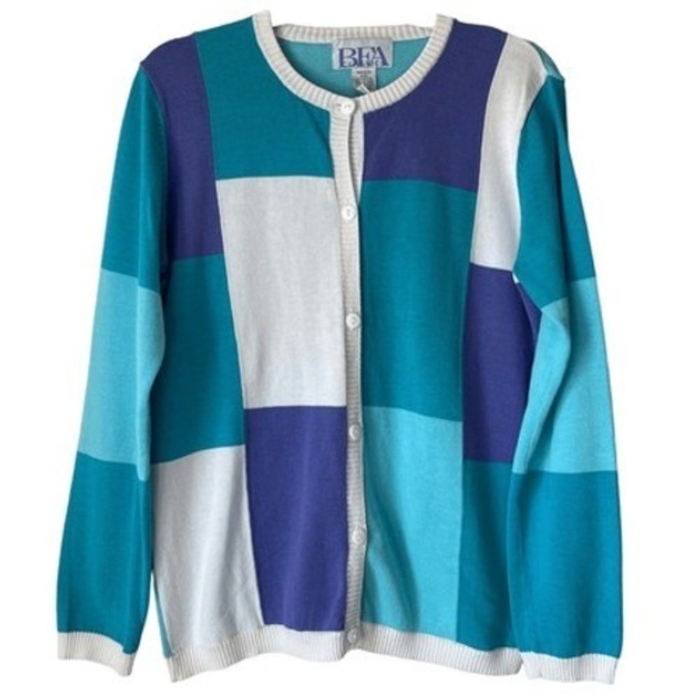 T8 BFA Cardigan Colorblock Patchwork 1990s Vintage Crewneck 100% Cotton Sweater