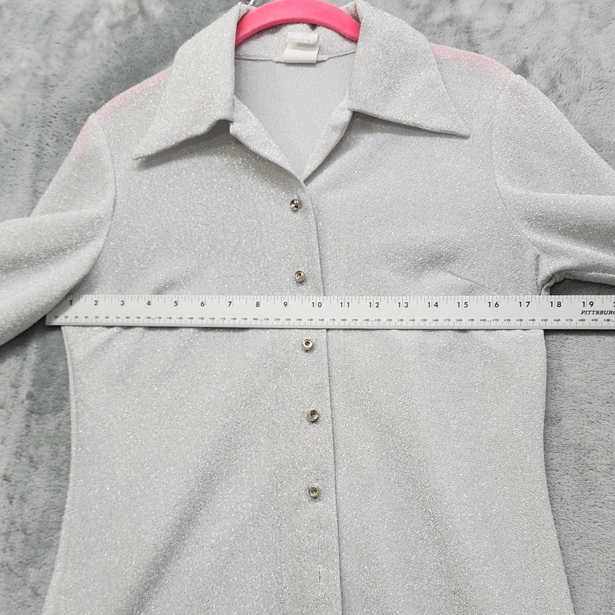 Vintage 70s Donnkenny Metallic Long Sleeve Button Up Top Size 13/14 Silver Disco