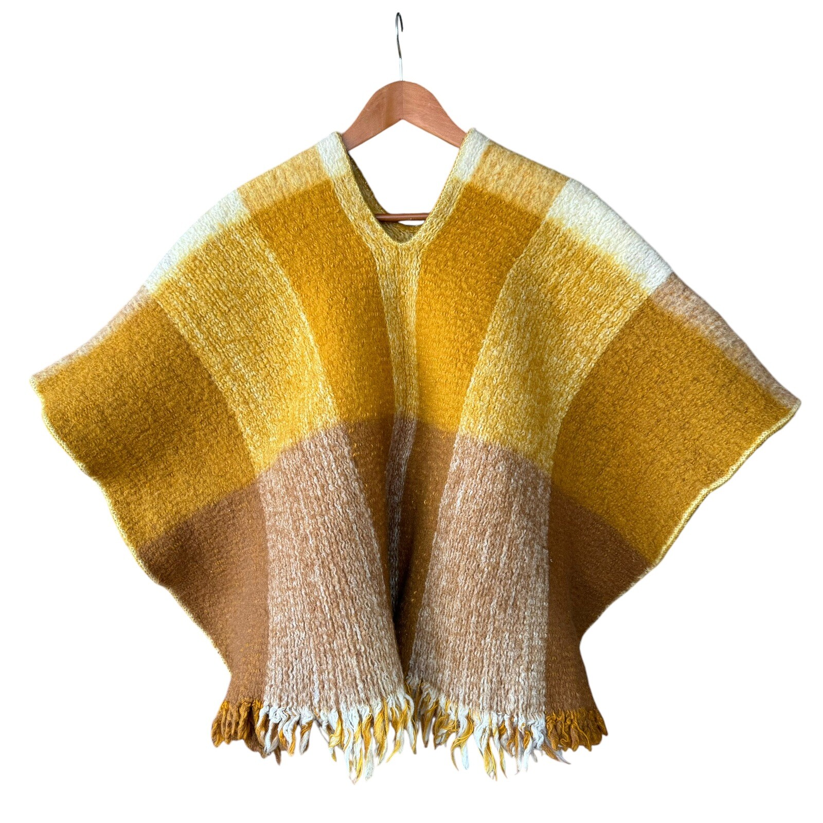 Vtg Heavy Wool Blanket Poncho Plaid Fringe Gold Yellow Tan White
