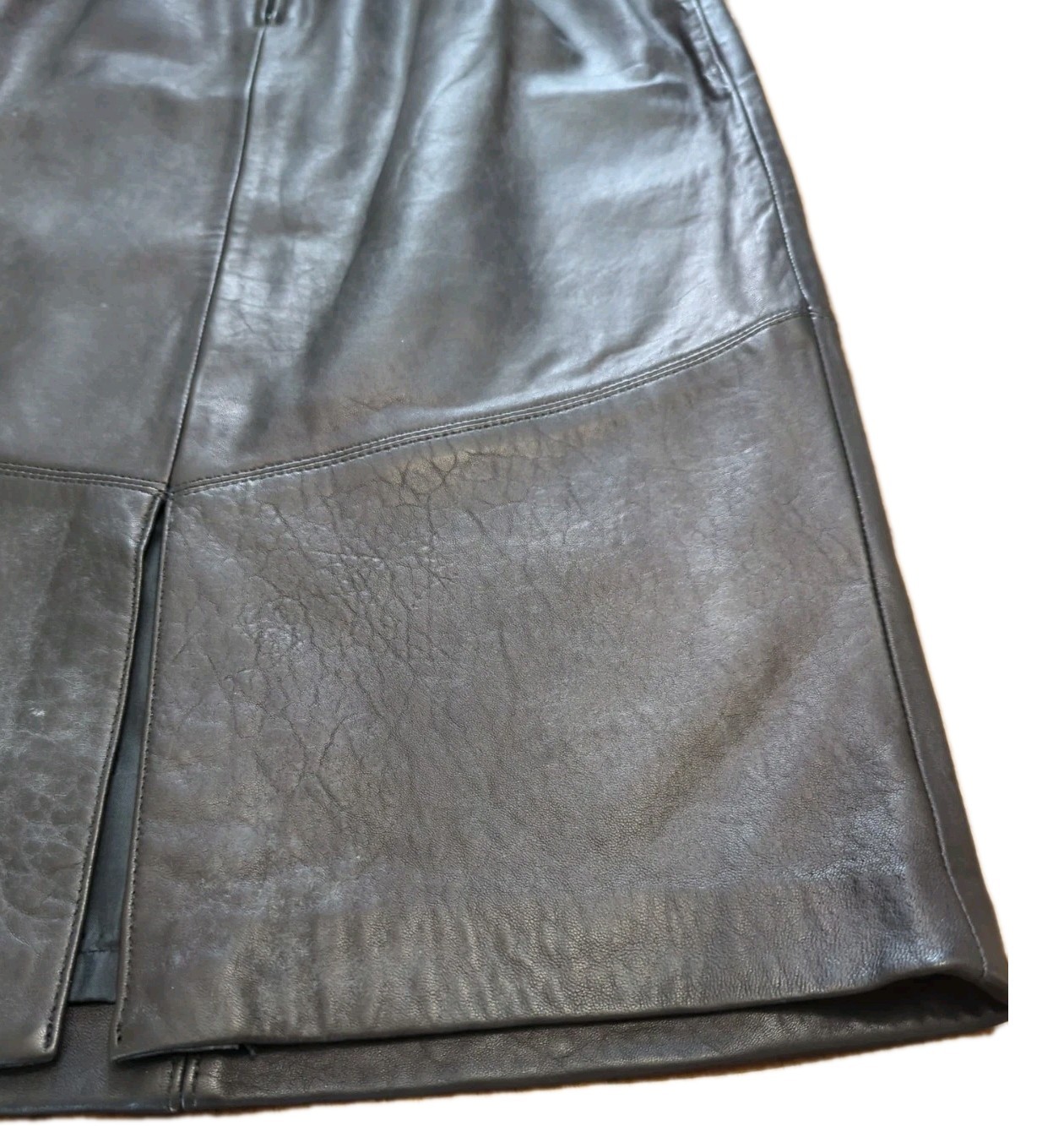 Vintage Black Leather Pencil Skirt Zipper With Snap Closure Front Slit Size 9/10