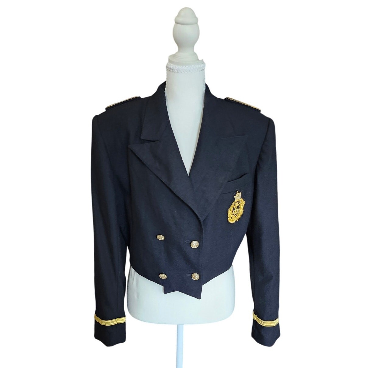 Vintage J. Braggs Wool Military Nautical Cropped Blazer Jacket Gold Crest L