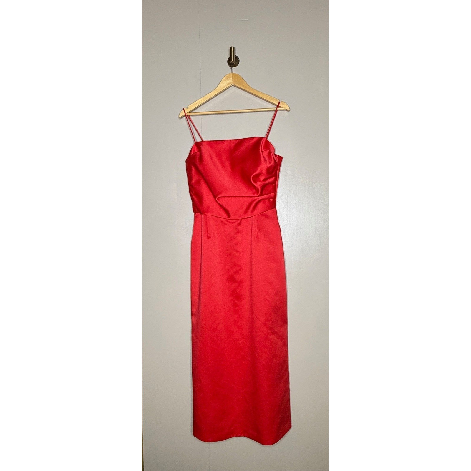 Donna Morgan Vintage Red Satin Midi Dress Spaghetti Strap Lime Green Lining 14