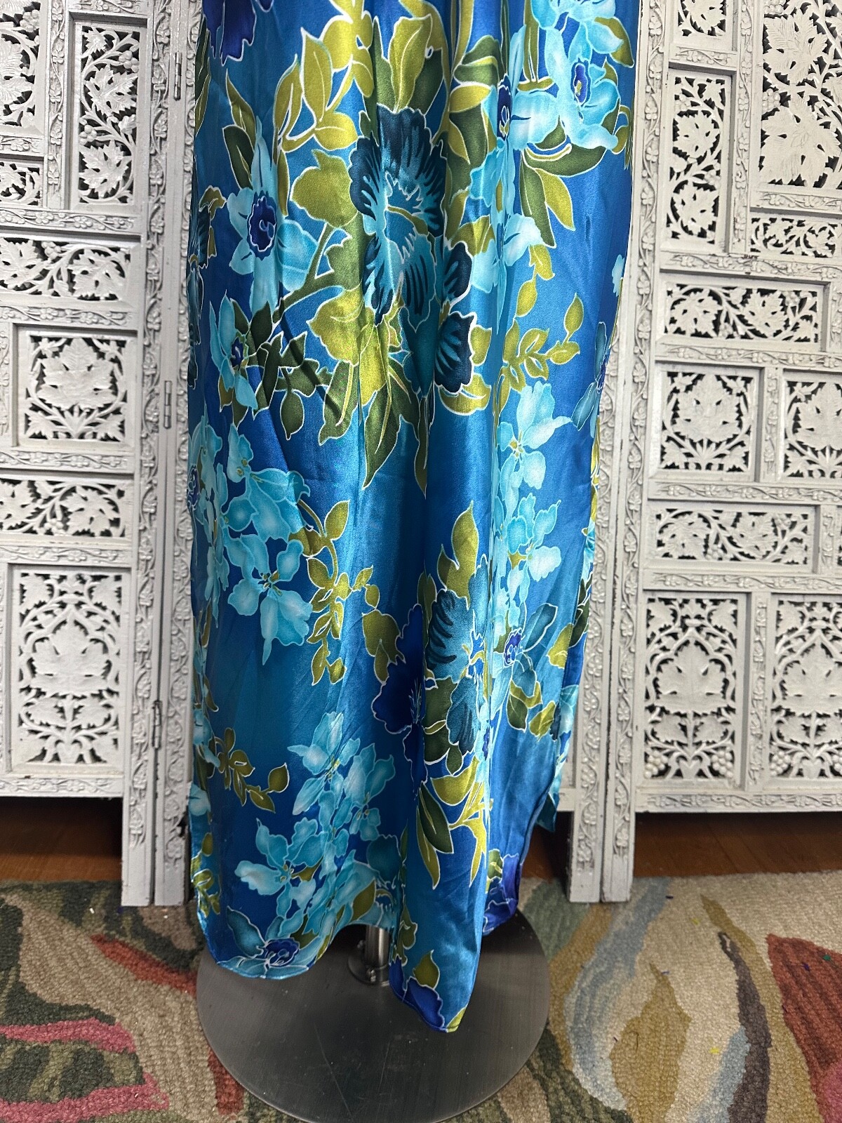 Vintage Blue And Green Floral Satin Slip Dress With Crochet Straps Sz Medium