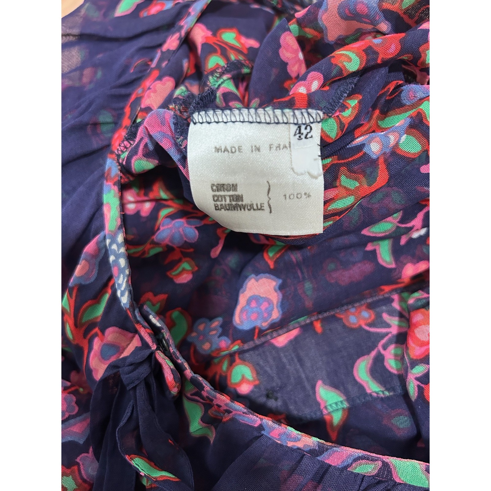 VintageTed Lapidus Paris Floral Dress Sz 42 Navy Blue Boho Ruched Feminine Fairy