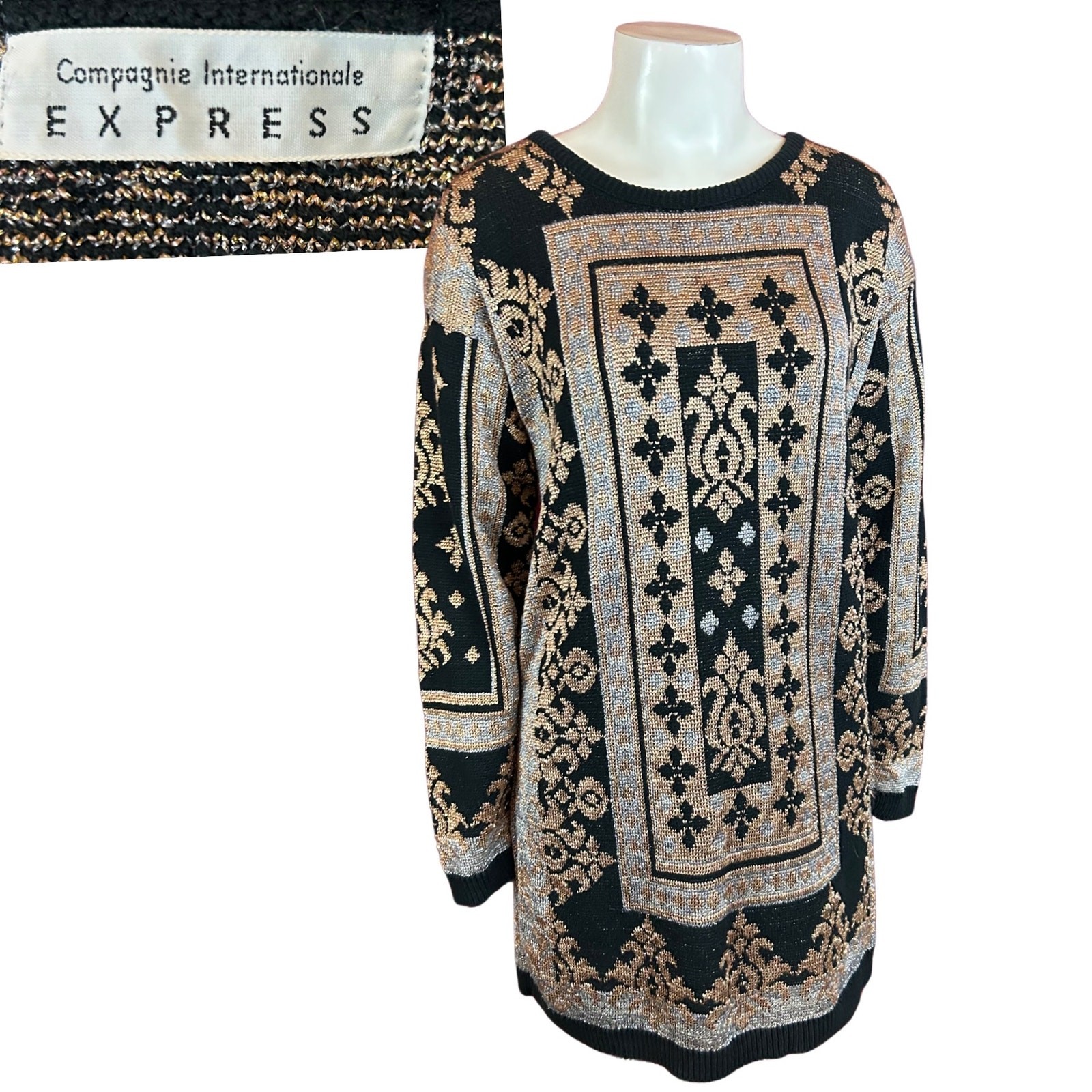 Vintage 90s Black Metallic Long Tunic Sweater by Express / Women’s XS ^