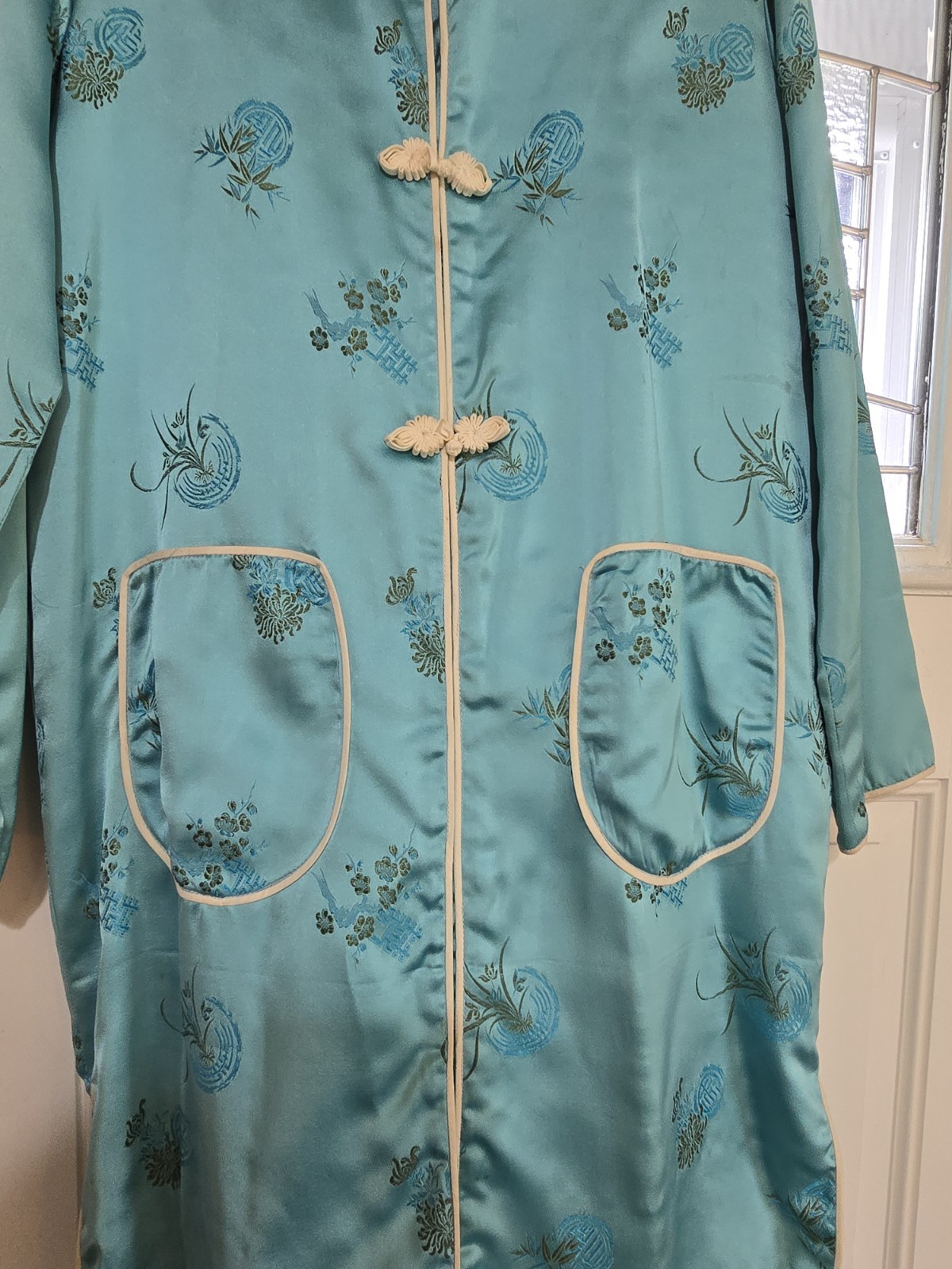 Vintage 50s Chinese Brocade Hostess Gown- Women’s- Turquoise Satin-Size 42/L